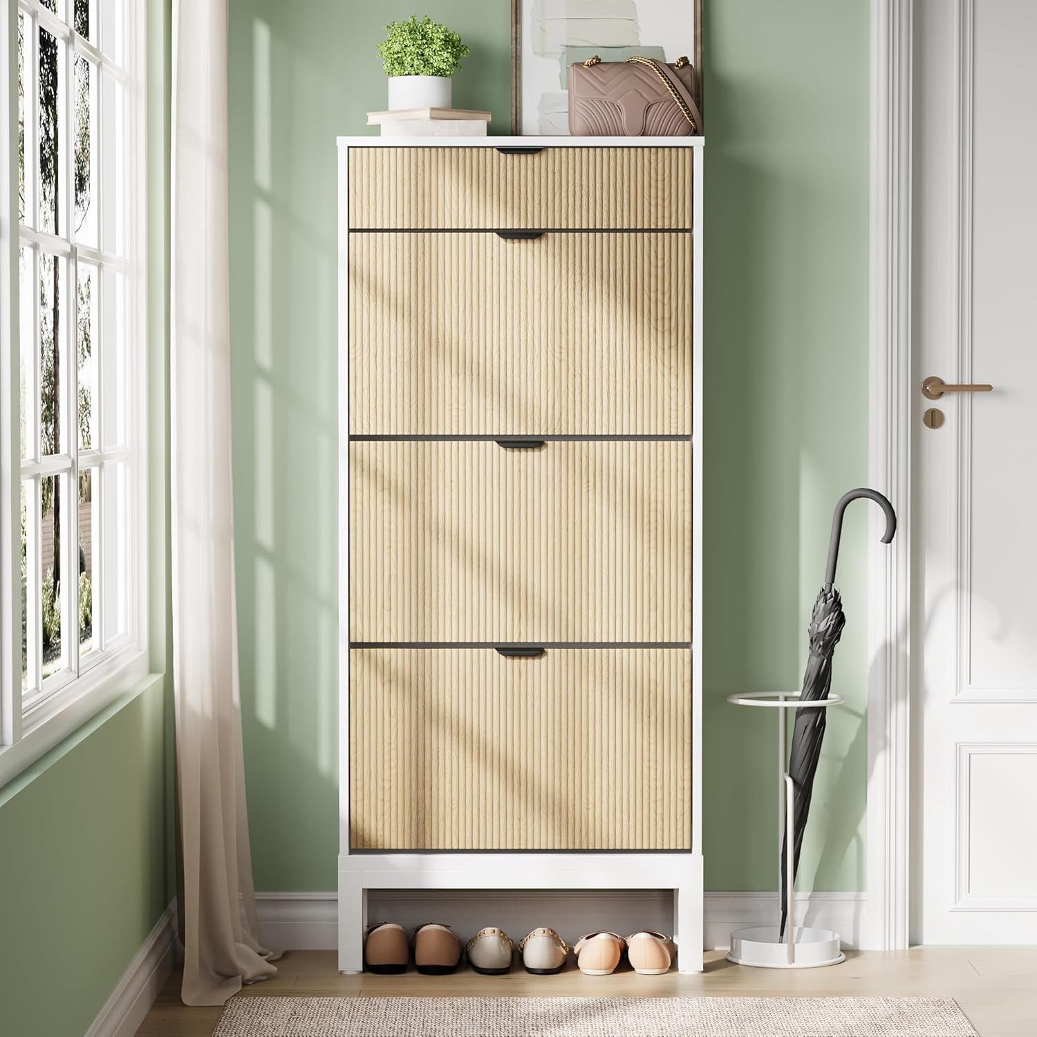 GarveeMore Schuhschrank mit 3 Klappschubladen und 1 Schublade,Schuhkipper,Schuhkommode (freistehendes, schmales Schuhregal, Landhaus-Schuhschrank mit 3 Klappfächern) Schmales Design für Flur