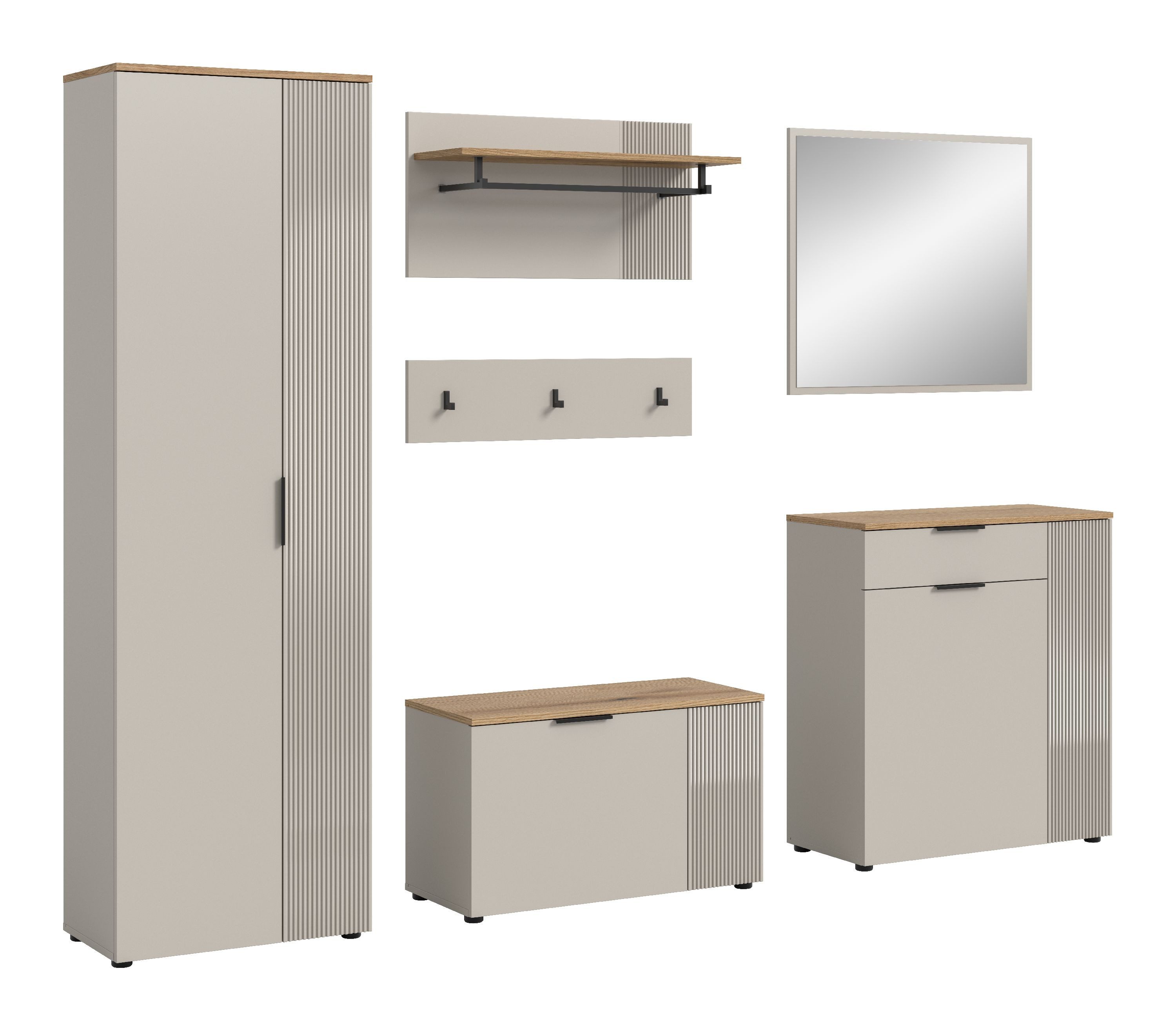 xonox.home Garderoben-Set Slide, (5tlg. Set inkl. Garderobenschrank, Sitzbank, Paneel, Kommode, Spiegel), Melamin beschichtet modern 250x190x36 cm