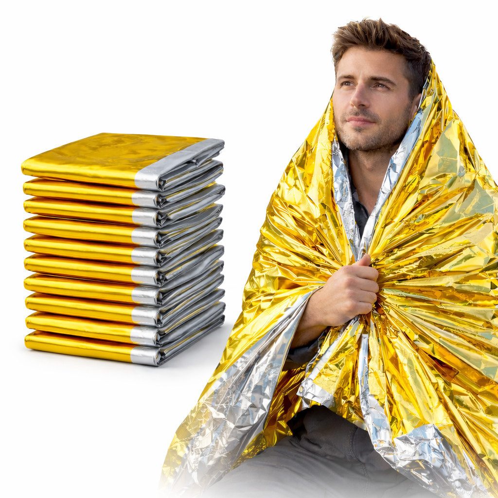 FIRST AID ONLY® Erste-Hilfe-Set Rettungsdecke (10er-Pack), Wärmedecke Gold/Silber (160cm x 210cm), (Vorteilspack), Alubedampfte Polyesterfolie reflektiert 80% der Körperwärme