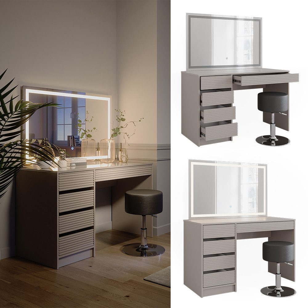 Vicco Schminktisch Sherry, Cashmere, 120 cm mit LED-Spiegel und Hocker (2-S günstig online kaufen