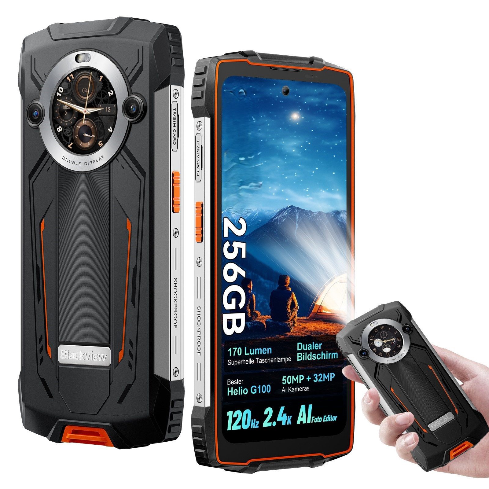 blackview BV8200 12+256GB AI Zwei Bildschirmen Ohne Vertrag Smartphone (6.5 Zoll, 50 MP Kamera, 2.4K,45W, Helio G100, 50MP, NFC/IP69K/OTG/LED Taschenlampe/Face ID)