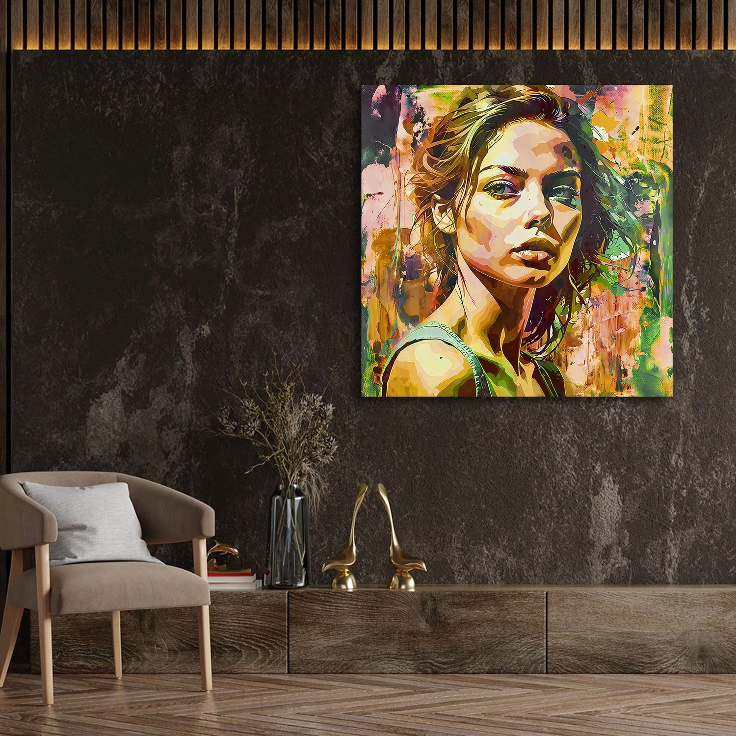 Artedinoi Leinwandbild Frau Grüntöne Porträt modern Leinwandbild Wandbild XXL Deko, Frau in bunten Farben