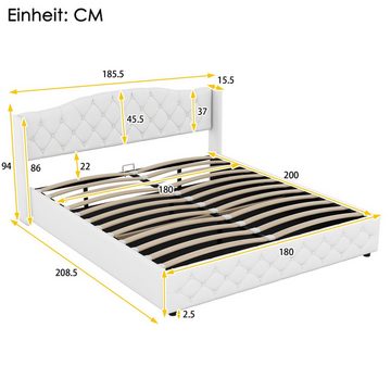 Fangqi Polsterbett 180 x 200 cm großes gepolstertes Doppelbett mit hydraulischem Stauraum (Familienbett, Jugendbett, gepolstertes Doppelbett, Gastbett, Unisex)