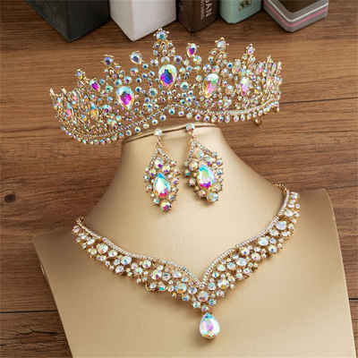 ELEKIN Schmuckset Schmuck Set, 3tlg, Braut Hochzeit Strass Halskette Ohrringe Krone Set, Damen Strass-Brautschmuck-Set,Hochzeits-/Party-Schmuck-Set