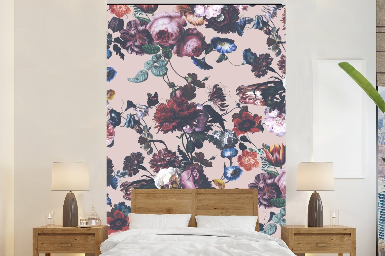 Matt, Collage - Wohnzimmer, Tapete Blumen (3 bedruckt, Montagefertig - MuchoWow Wandtapete St), für Farbe, Vinyl Fototapete