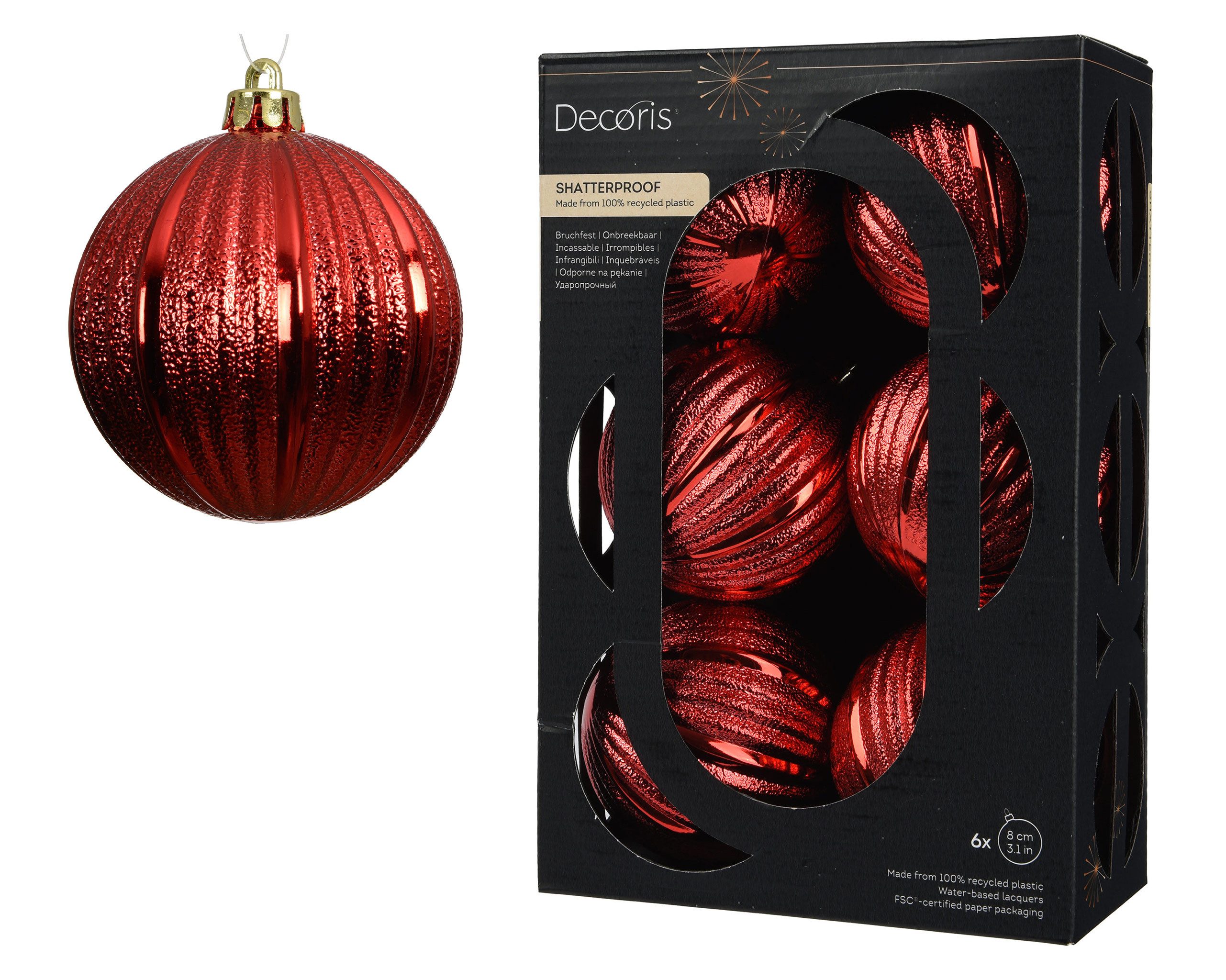 Kaemingk Weihnachtsbaumkugel, Weihnachtskugeln Kunststoff 8cm geriffelt 6 Stück - Weihnachtsrot