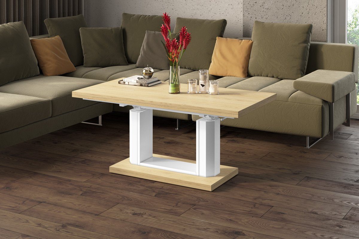 designimpex Couchtisch Design Couchtisch HAC-111 stufenlos höhenverstellbar aufklappbar Tisch Eiche Natur - Weiß Hochglanz | Couchtische