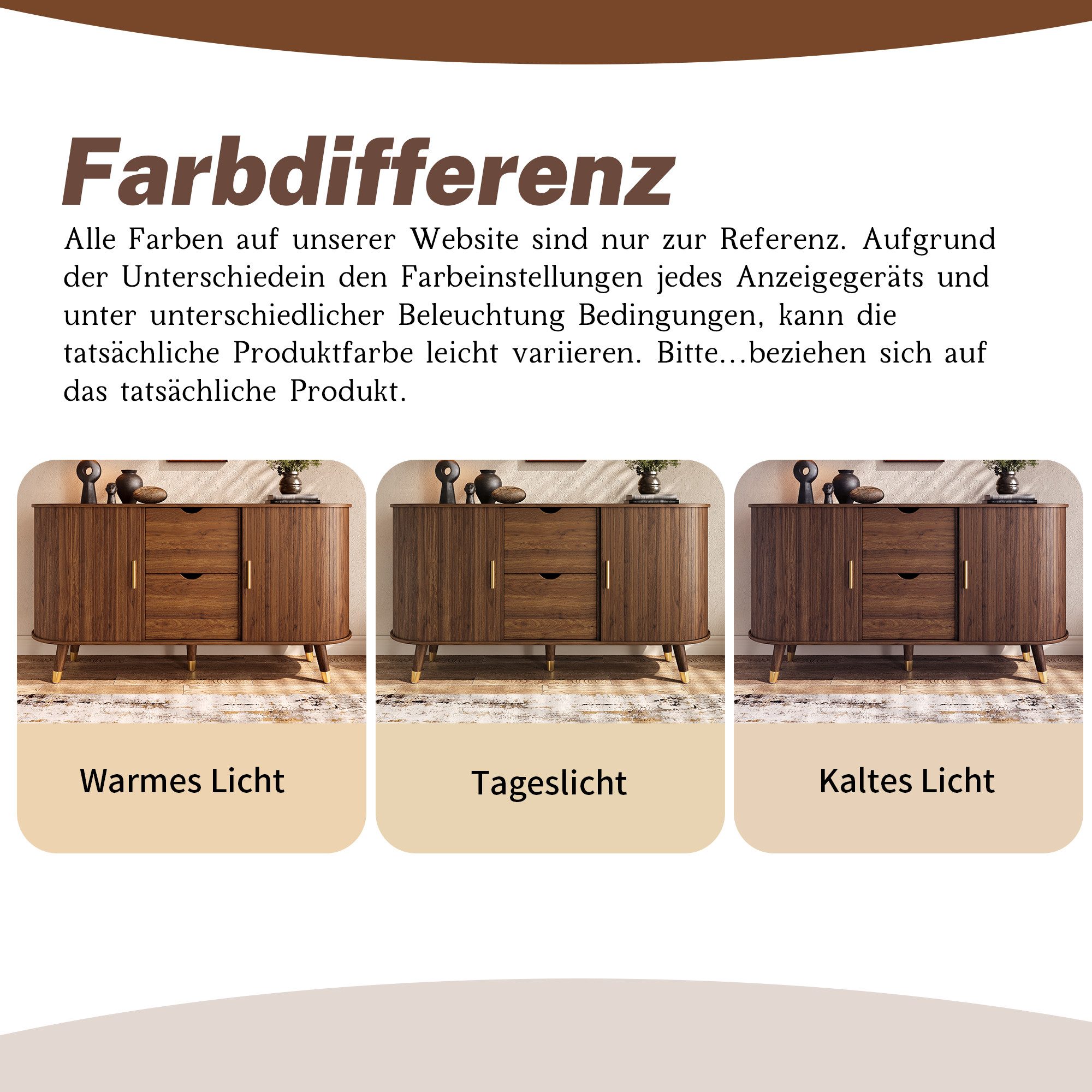 MODFU Sideboard 140x79,5x40 cm Wohnzimmer-Sideboard in vertikaler Maserung (Packung, 1 St., Praktisch mit Schiebetüren und Massivholzbeinen), Abgerundeter Eckschrank mit zwei Schubladen