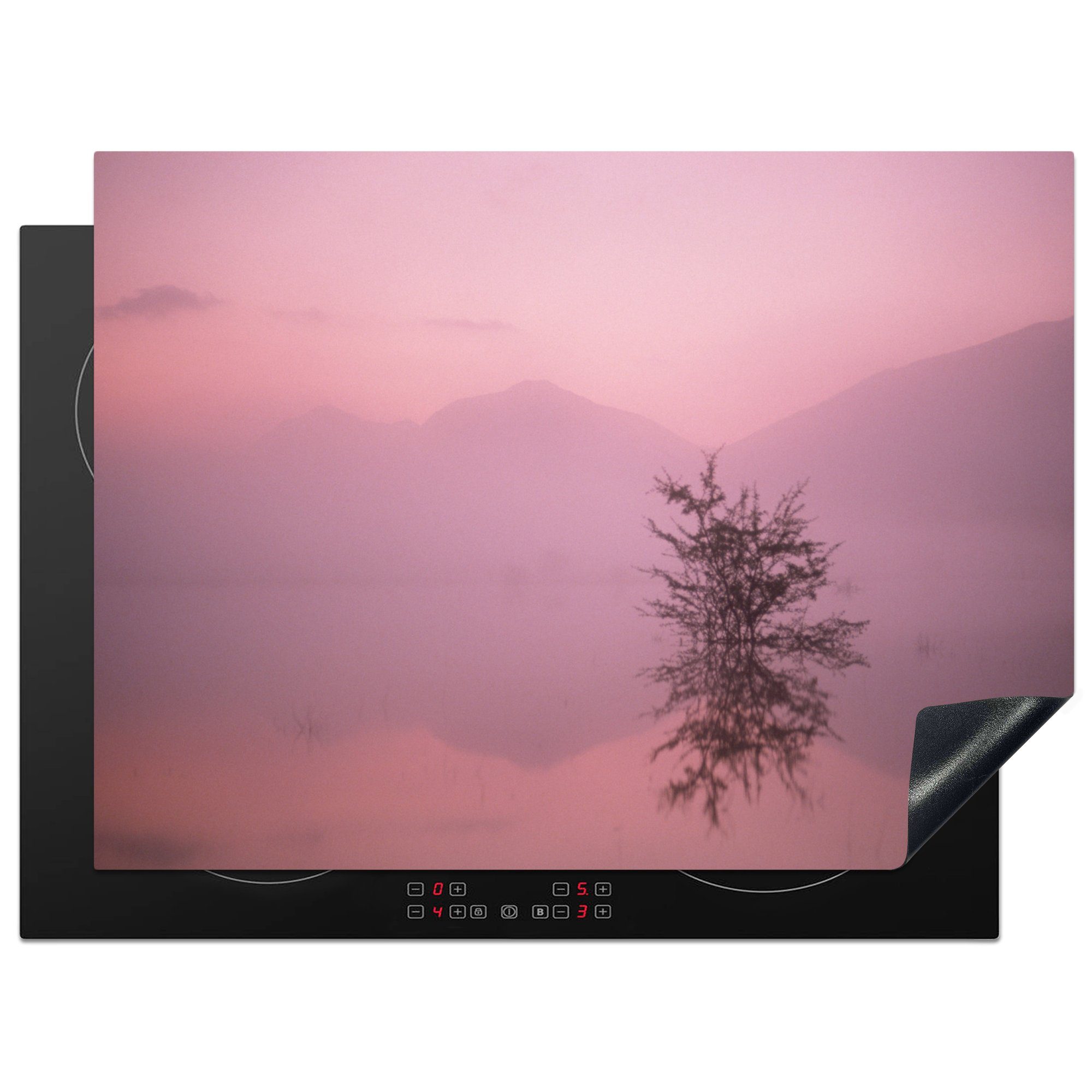 MuchoWow Herdblende-/Abdeckplatte Einsamer Baum unter rosa Himmel, Vinyl, (1 tlg), 70x52 cm, Mobile Arbeitsfläche nutzbar, Ceranfeldabdeckung