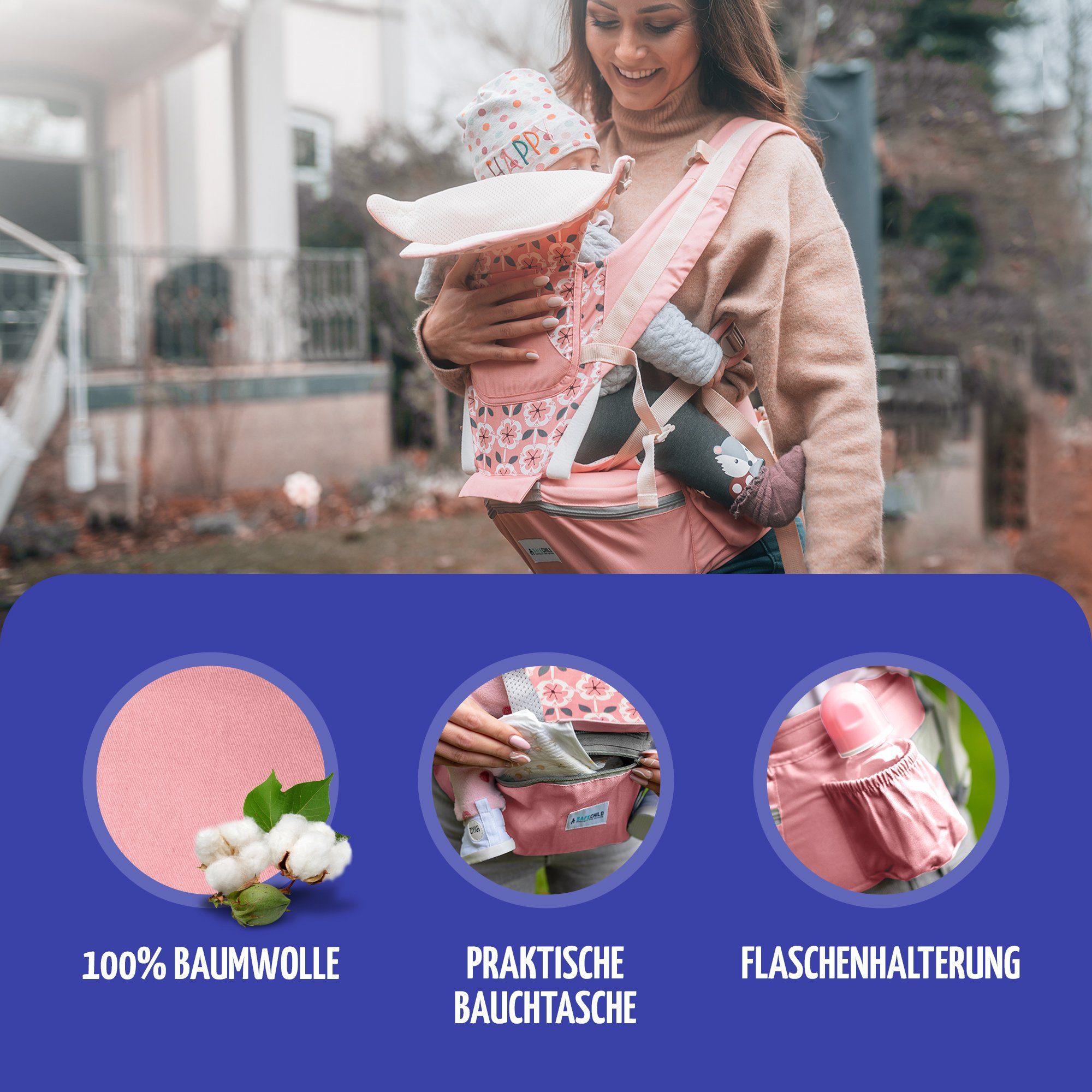 SafeChild Babytrage Premium Windeltasche, Neugeborene, PinkMuster Handytasche Flaschenhalterung, Hüftsitz, Mesh-Gewebe, 100% Design, Baumwolle