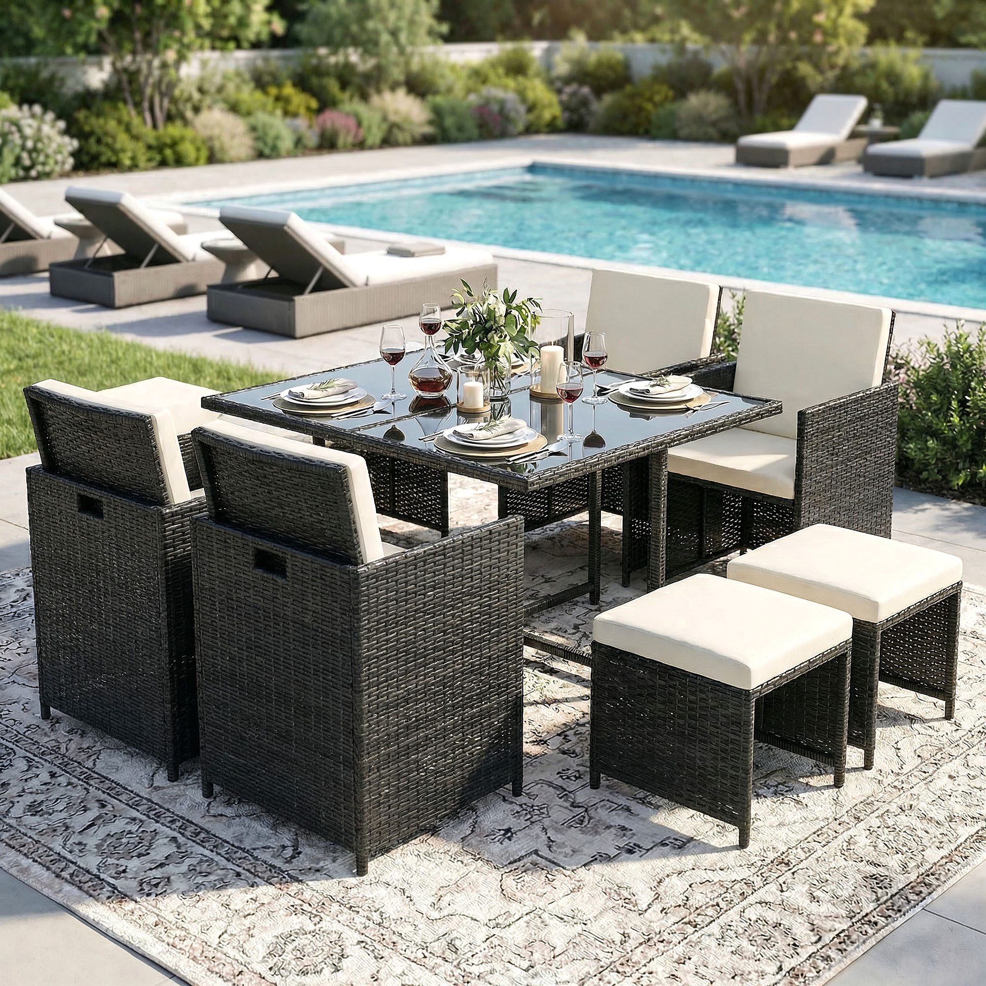 Swing&Harmonie Garten-Essgruppe Poly Rattan Sitzgruppe Esstisch Lounge Gartenmöbel, (Sitzgarnitur, Tisch, Stühle, Hocker Garnitur Set)