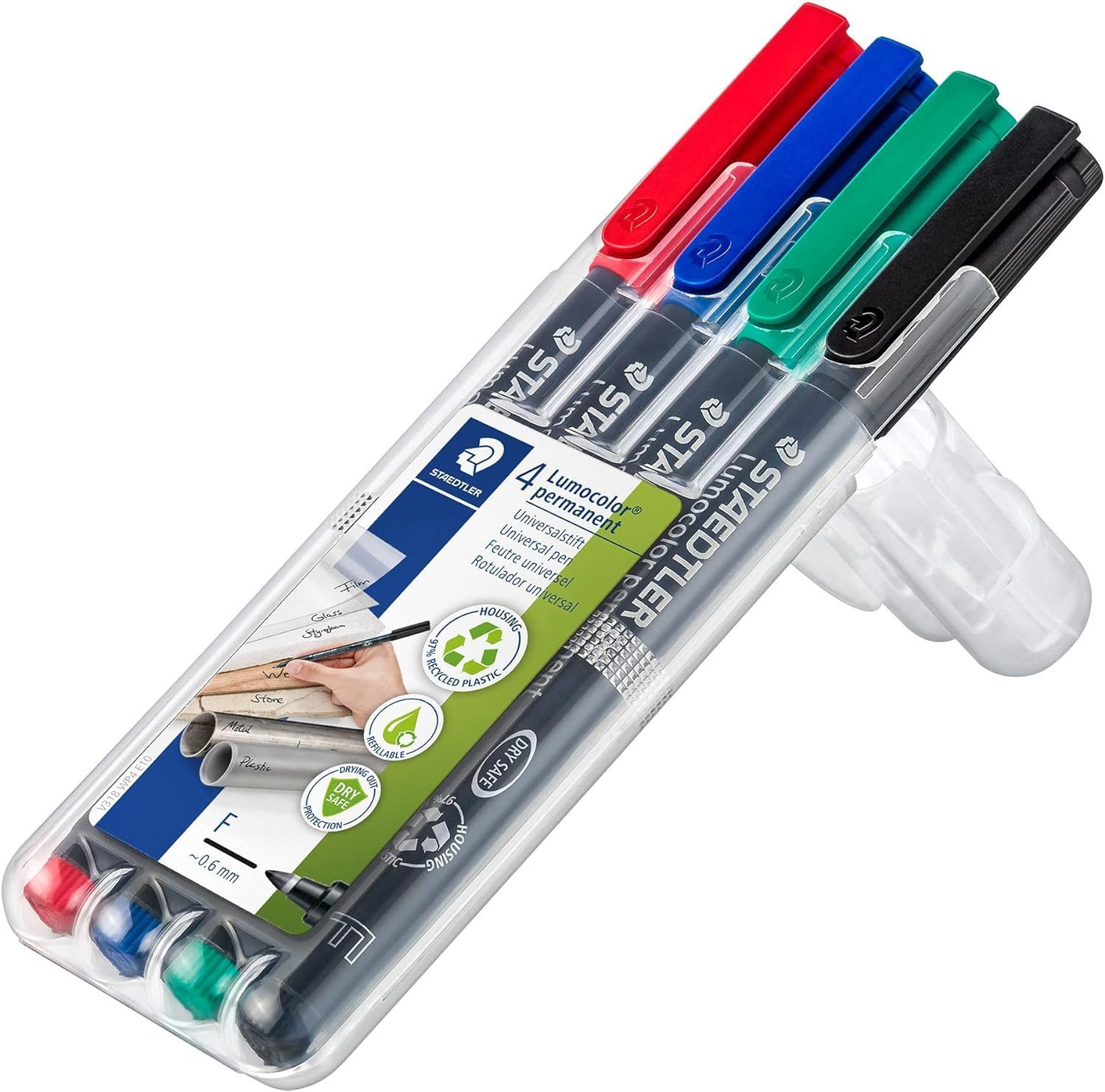STAEDTLER Filzstift Permanenter Universalstift Lumocolor, 4 Marker, 0,6 mm Spitze, Wisch- und wasserfest, sekundenschnell trocken, nachfüllbar