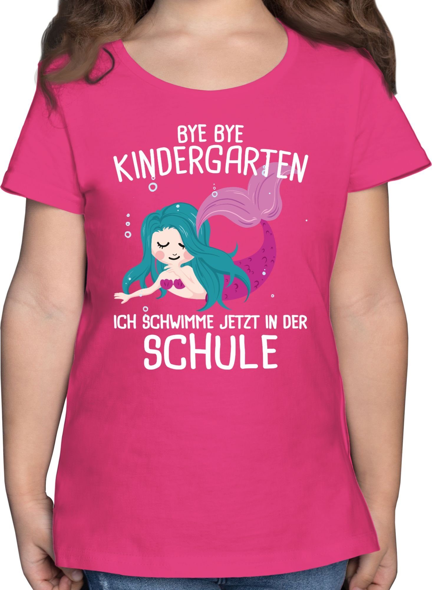 Shirtracer T-Shirt Bye Bye Kindergarten ich schwimme jetzt in der Schule Einschulung Mädchen 1 Fuchsia