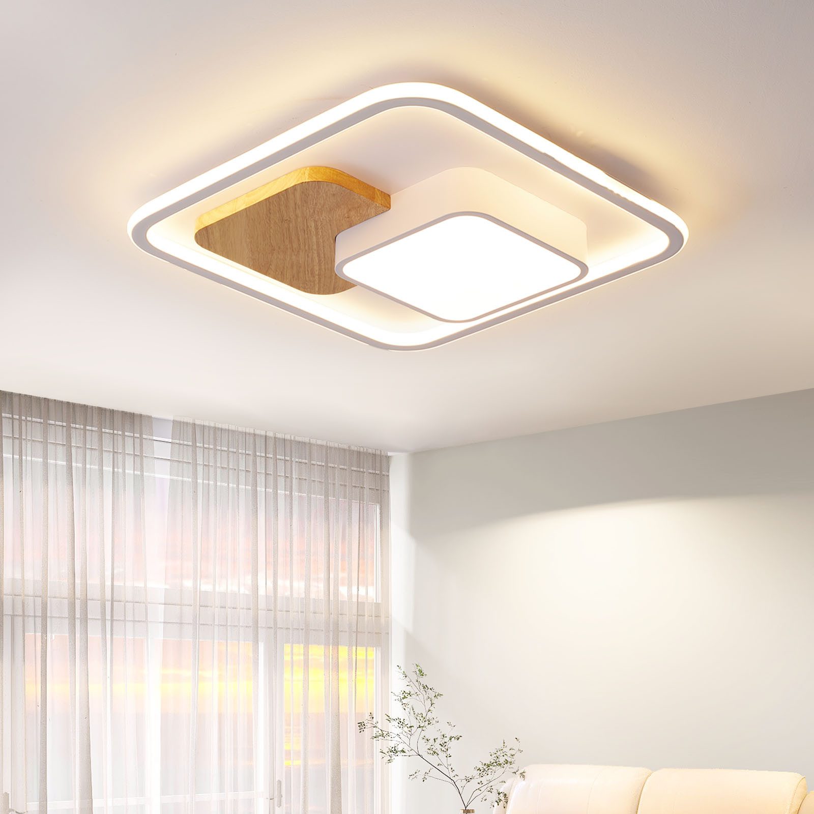 style home Deckenleuchte LED Deckenlampe Holz, dimmbar mit Fernbedienung 3000-6000K, 93W, LED fest integriert, 52*52*8.5cm, Rechteckige Lampe, für Wohnzimmer Schlafzimmer Küche Diele Flur