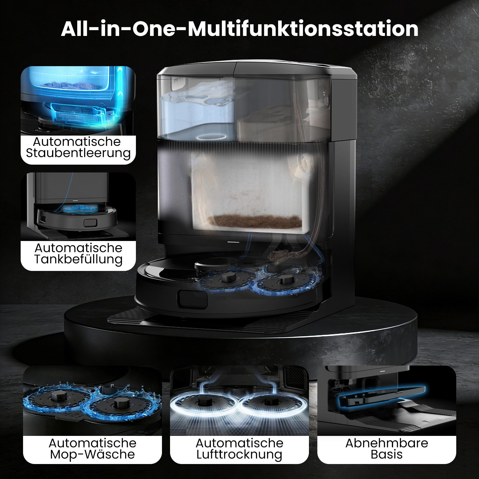 AIRROBO Nass-Trocken-Saugroboter M2 Saugroboter mit Wischfunktion, All-in-One-Station, 55 W, automatische Entleerung, Reinigung & Trocknung, 10000 Pa Saugkraft, LiDAR-Navigation, 180 min Laufzeit