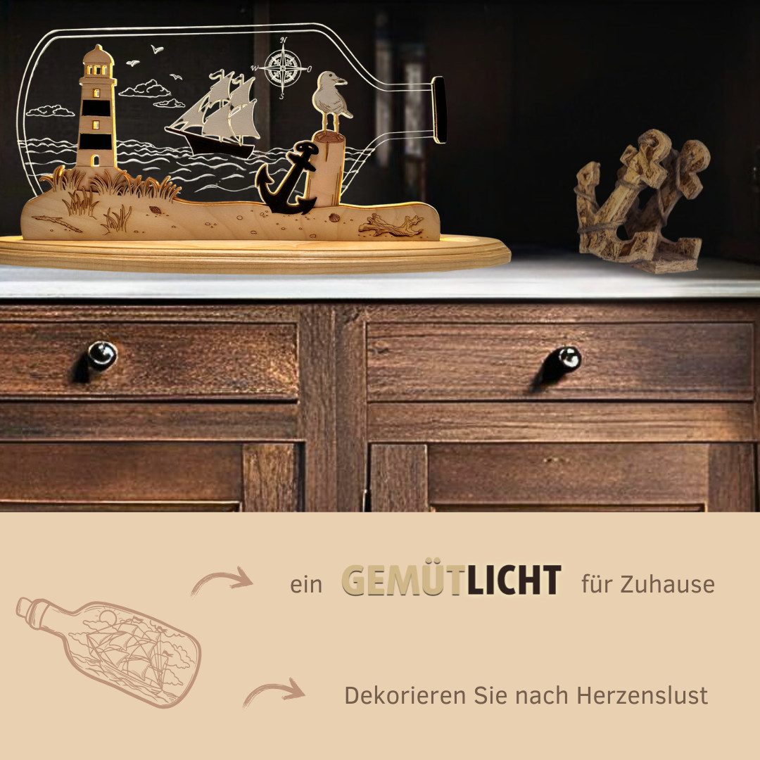 Weigla LED Dekolicht Flaschenpost "Maritim" aus Holz & Acrylglas, LED wechselbar, Erzgebirge garantiert, maritime Innendeko, Dekolampe