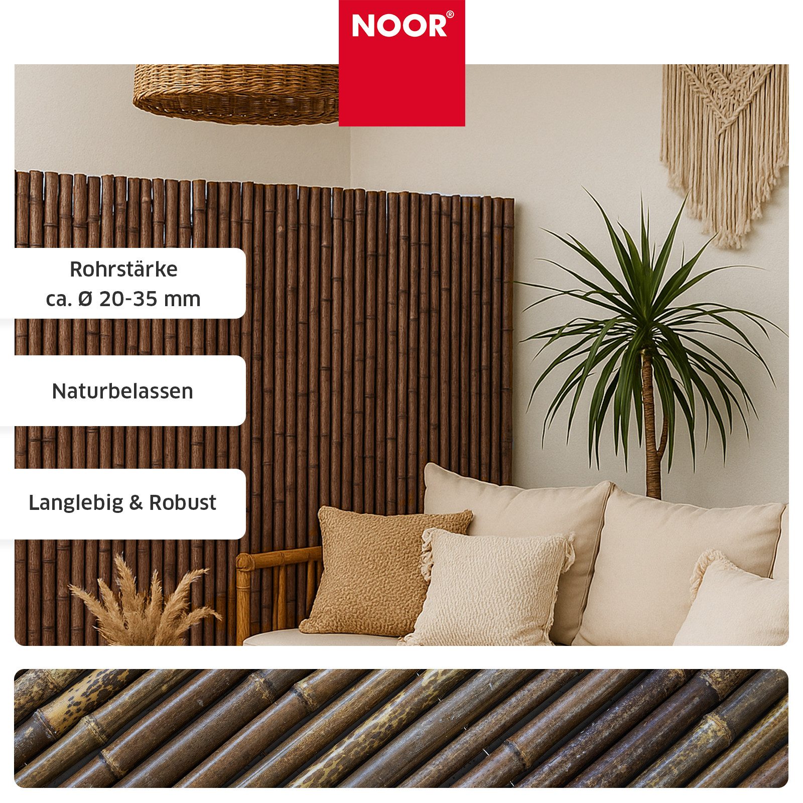 NOOR Sichtschutzzaunmatten Bambusmatte DELUXE - extra dicke Bambusstäbe, stilvoller Sichtschutz für Garten, Terrasse und Balkon