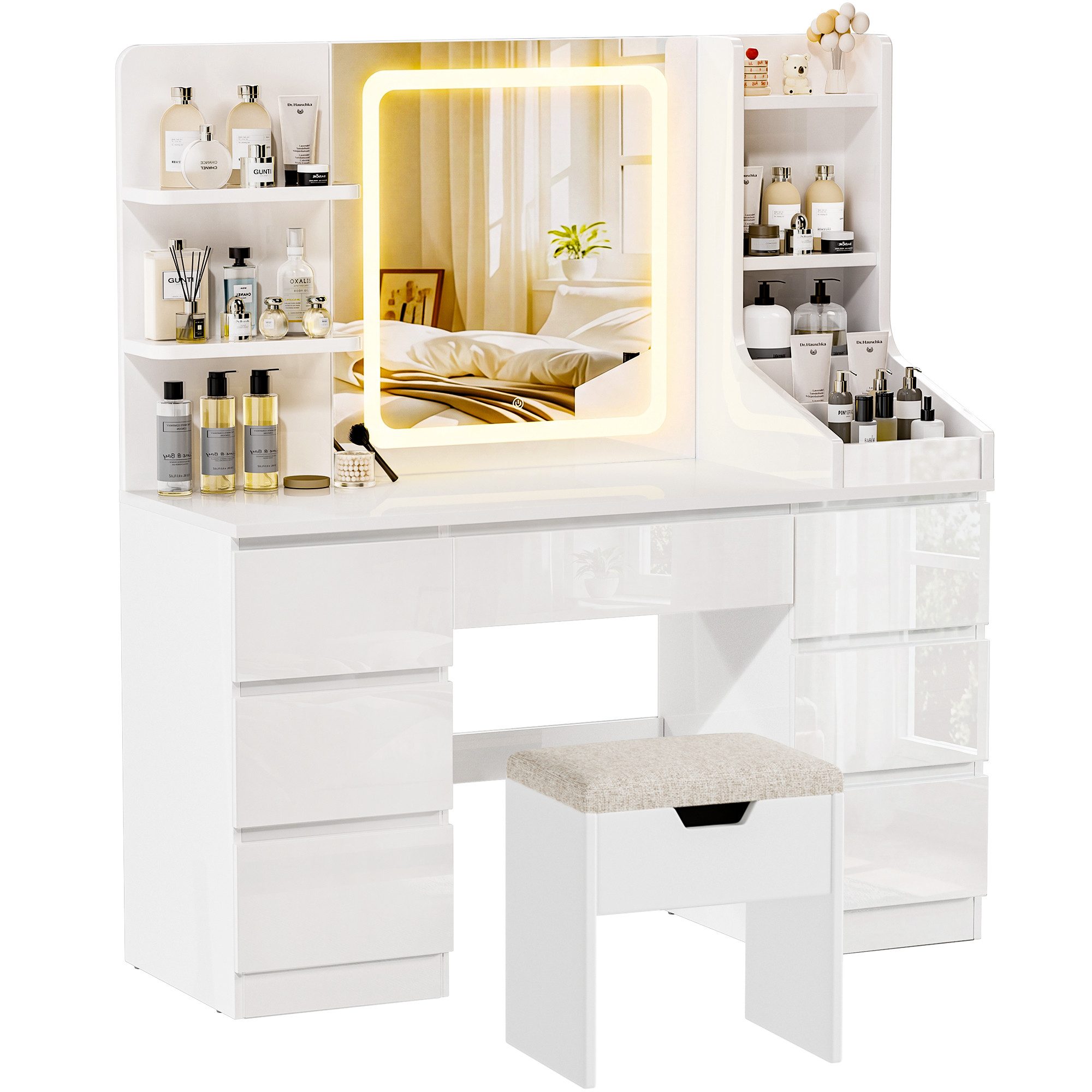 HOMALL Schminktisch LED-Spiegel, 7 Schubladen, 110 cm breit, Aufbewahrungshocker optional (Schminktisch mit dimmbarem LED-Spiegel (3 Farben), 7 Schubladen + 8 Fächer, 110×40×139 cm – 5 Farben (Schwarz/Rosa/Vintage/Weiß/Weiß Hochglanz), Hocker opt., E1-Platte), 110*40*139CM B/H/T