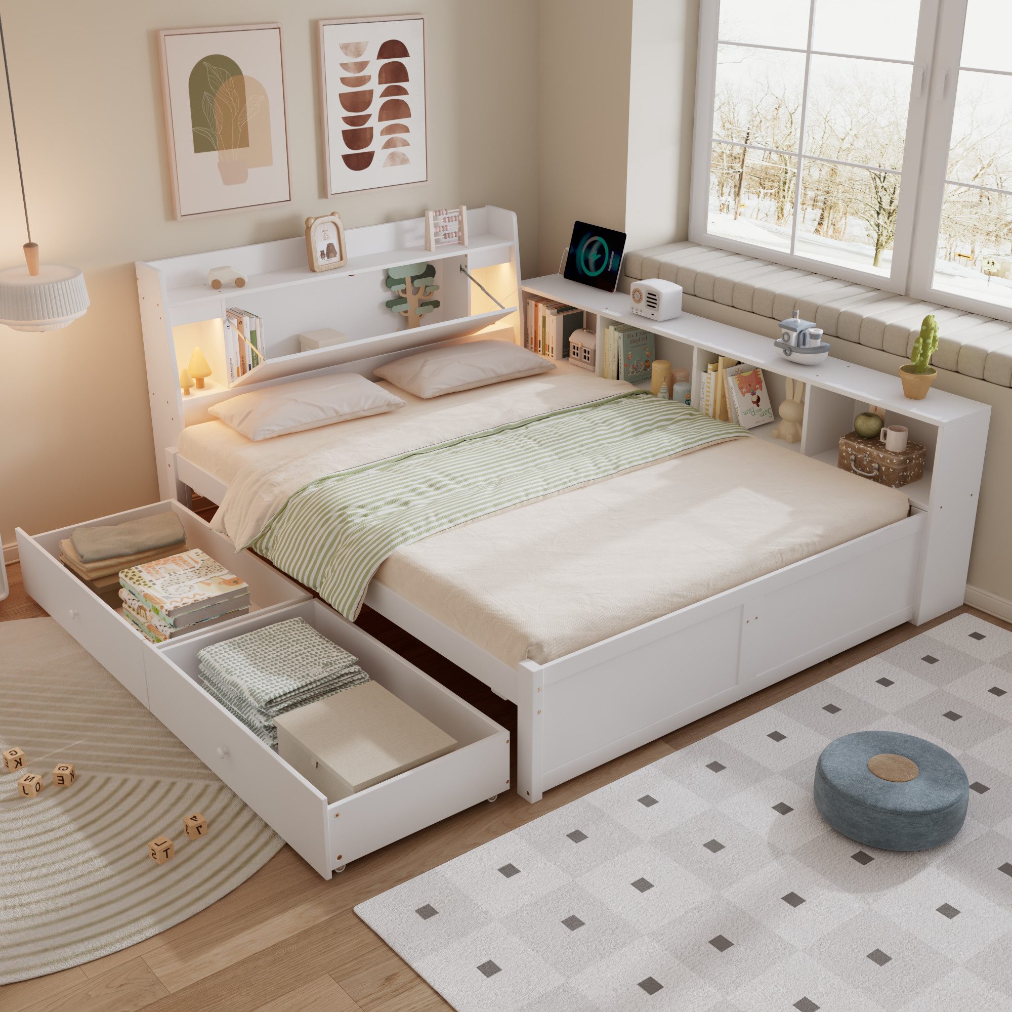 Flieks Holzbett, Doppelbett Kinderbett 140x200cm mit LED Stauraum Aufladen günstig online kaufen