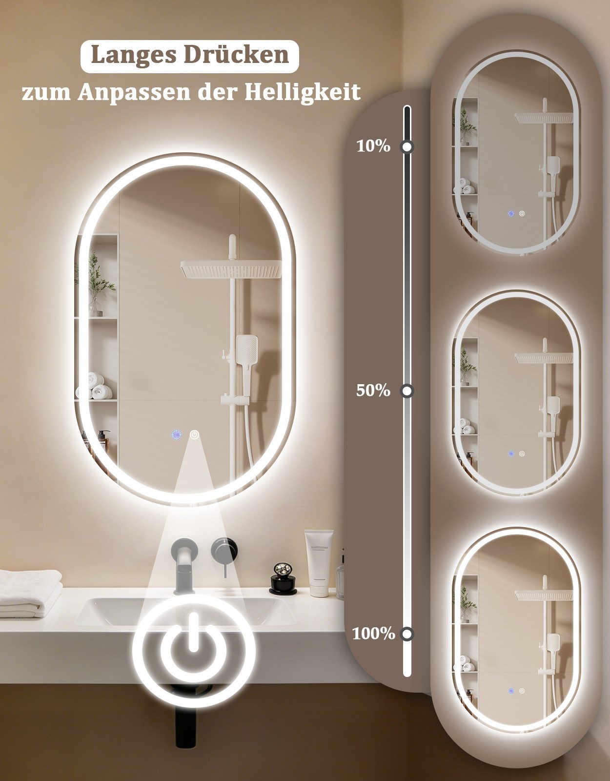 ZMH Badspiegel Spiegel Oval Badspiegel mit Beleuchtung - LED Badezimmerspiegel (1x Badspiegelleuchte), Wandspiegel Badezimmer mit Touch-Schalter Entfogger-Funktion Dimmbar