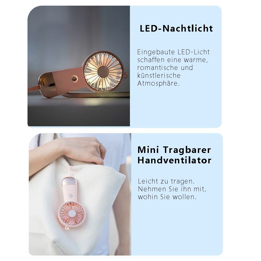 YOCKTECH Handventilator Mini USB mit Lanyard Taschenventilator LED Tragbarer Handventilator mit Licht, 500mAh Rosa Wiederaufladbarer Ventilator