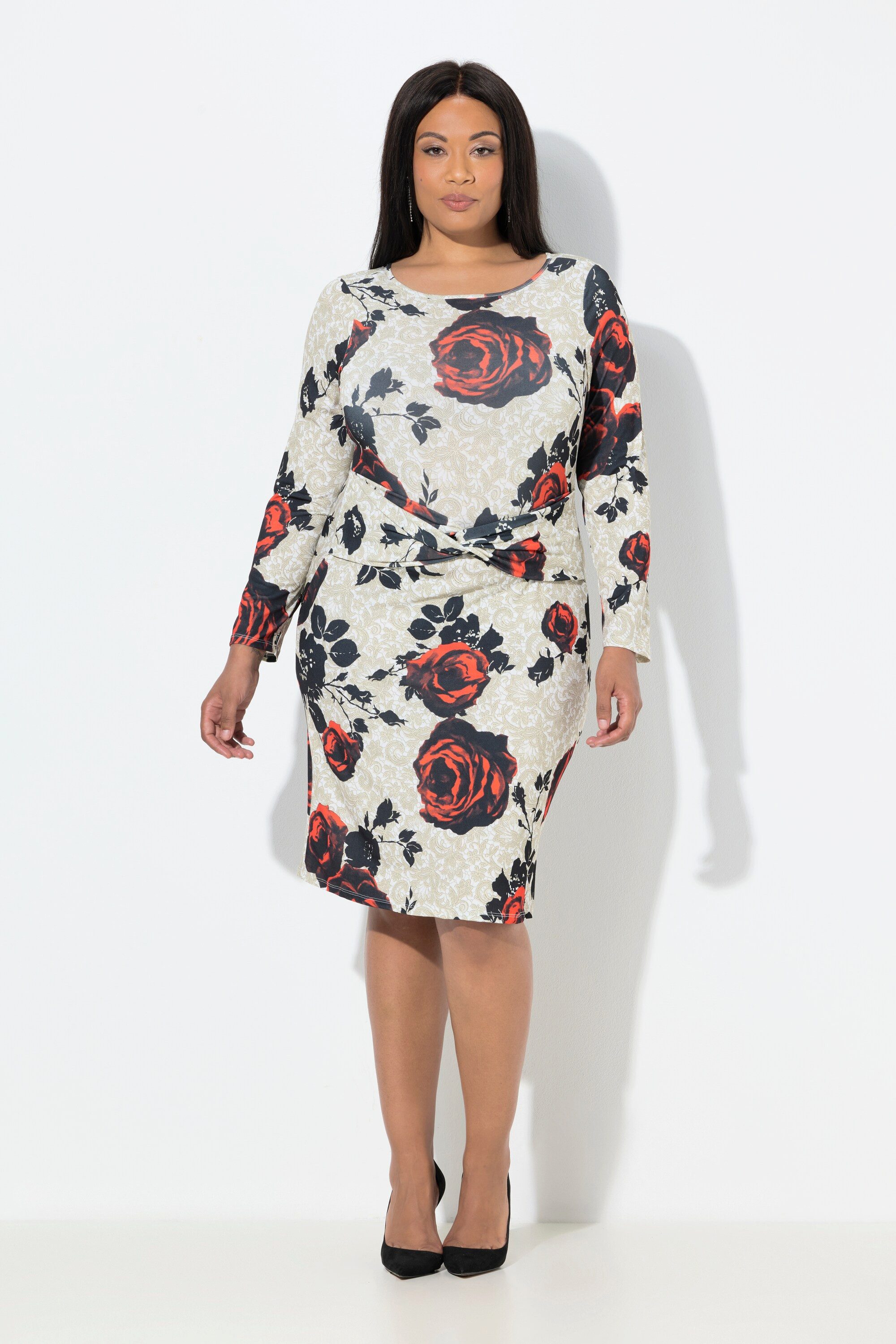 Ulla Popken Minikleid Midikleid Rosen Slim Rücken-V-Ausschnitt Langarm