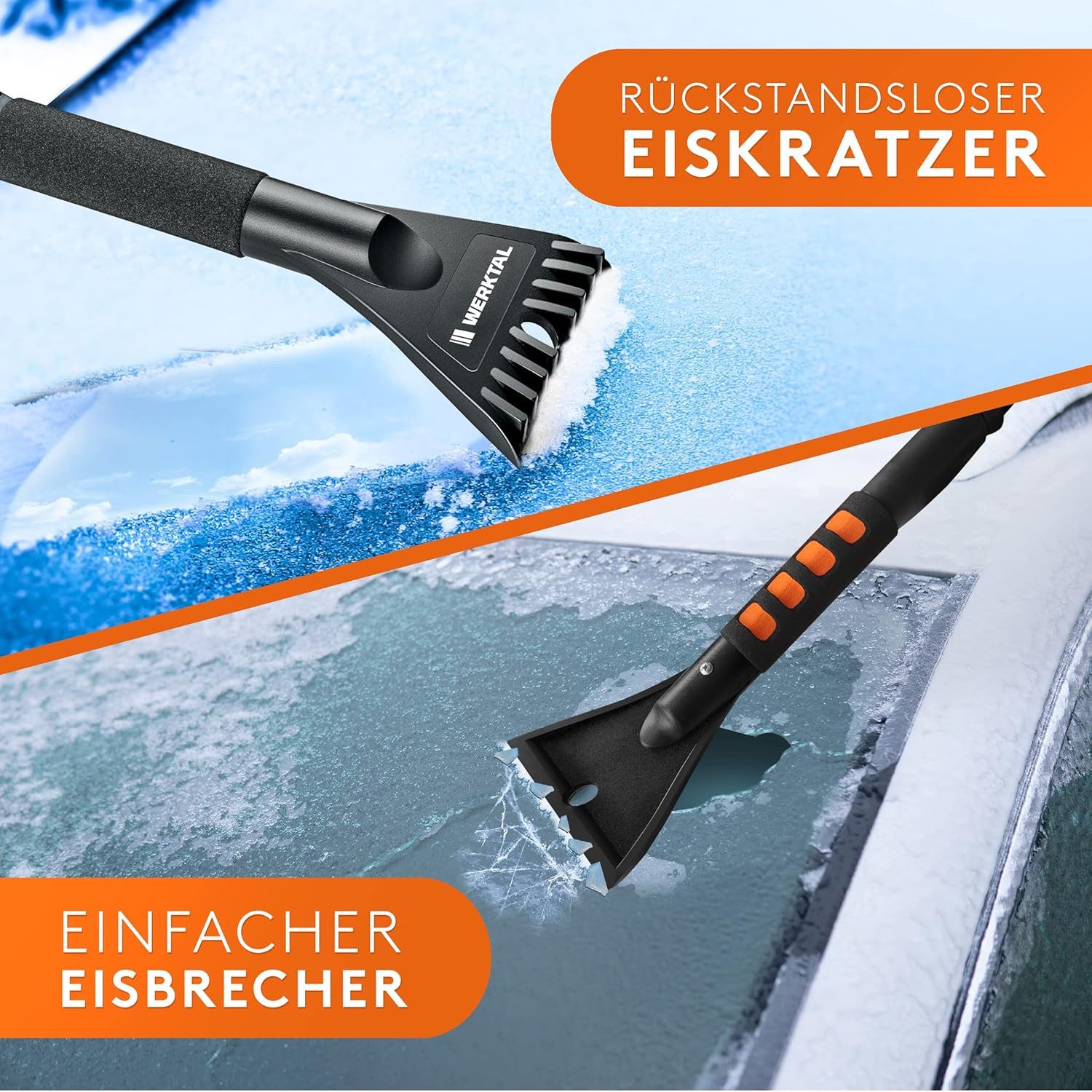 Werktal ice scraper with ice breaker function, gentle on car windows with integrated snow brush & telescopic pole, ergonomic handle