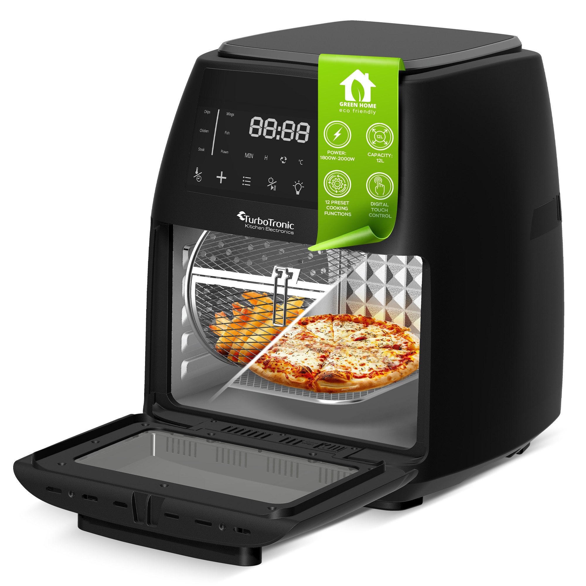 TurboTronic by Z-Line Heißluftfritteuse XXL 12L Friteuse 1/2kg Pommes mit Drehkorb & Drehpieß ganzes Hähnchen, 2000 W, 2000W Power AirFryer Heißluftofen Heißluftfritteuse Dörrautomat Grill
