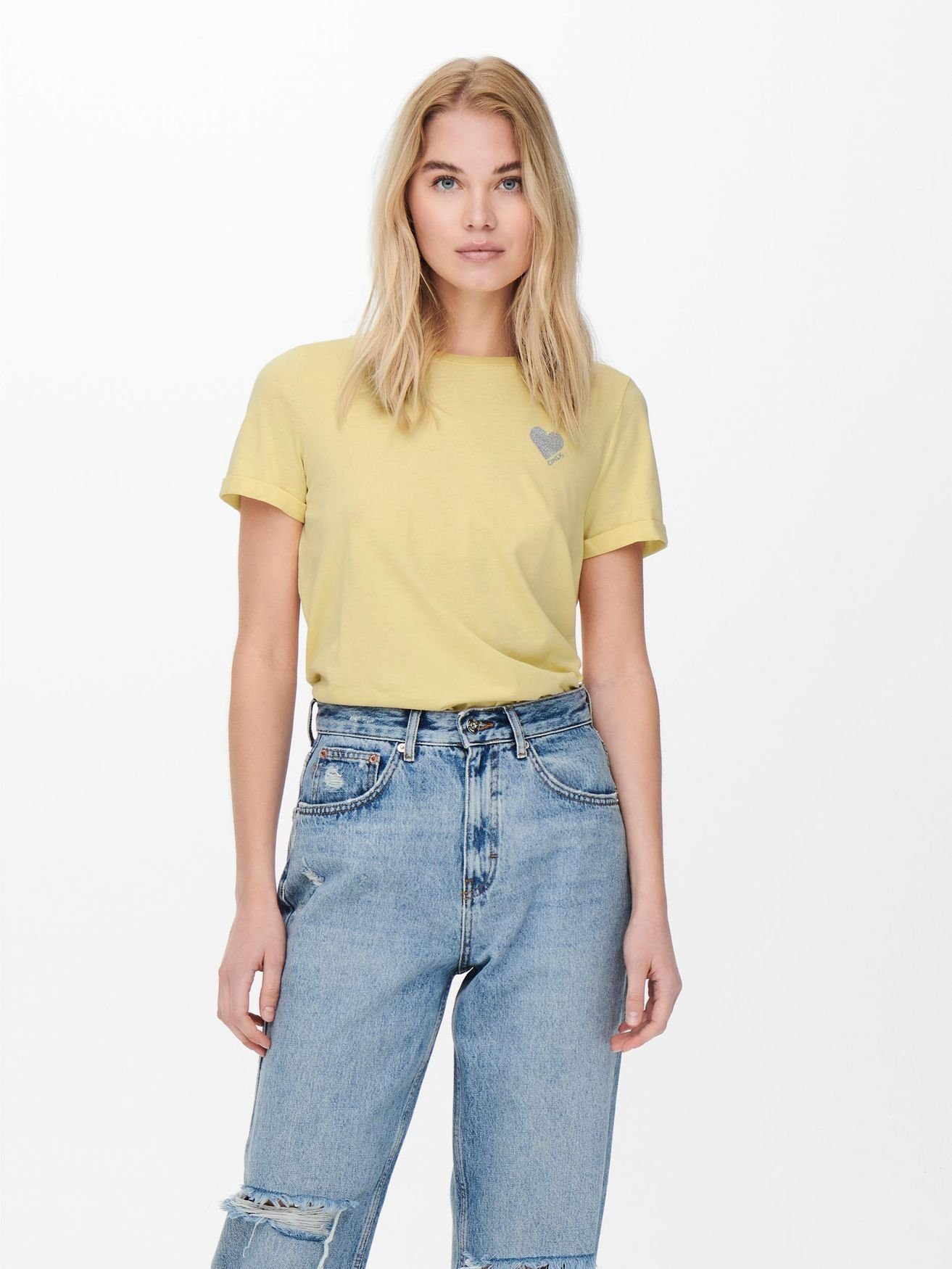 Einfarbiges 4232 Herz mit Gelb Basic in T-Shirt ONLKITA (1-tlg) Brand T-Shirt ONLY
