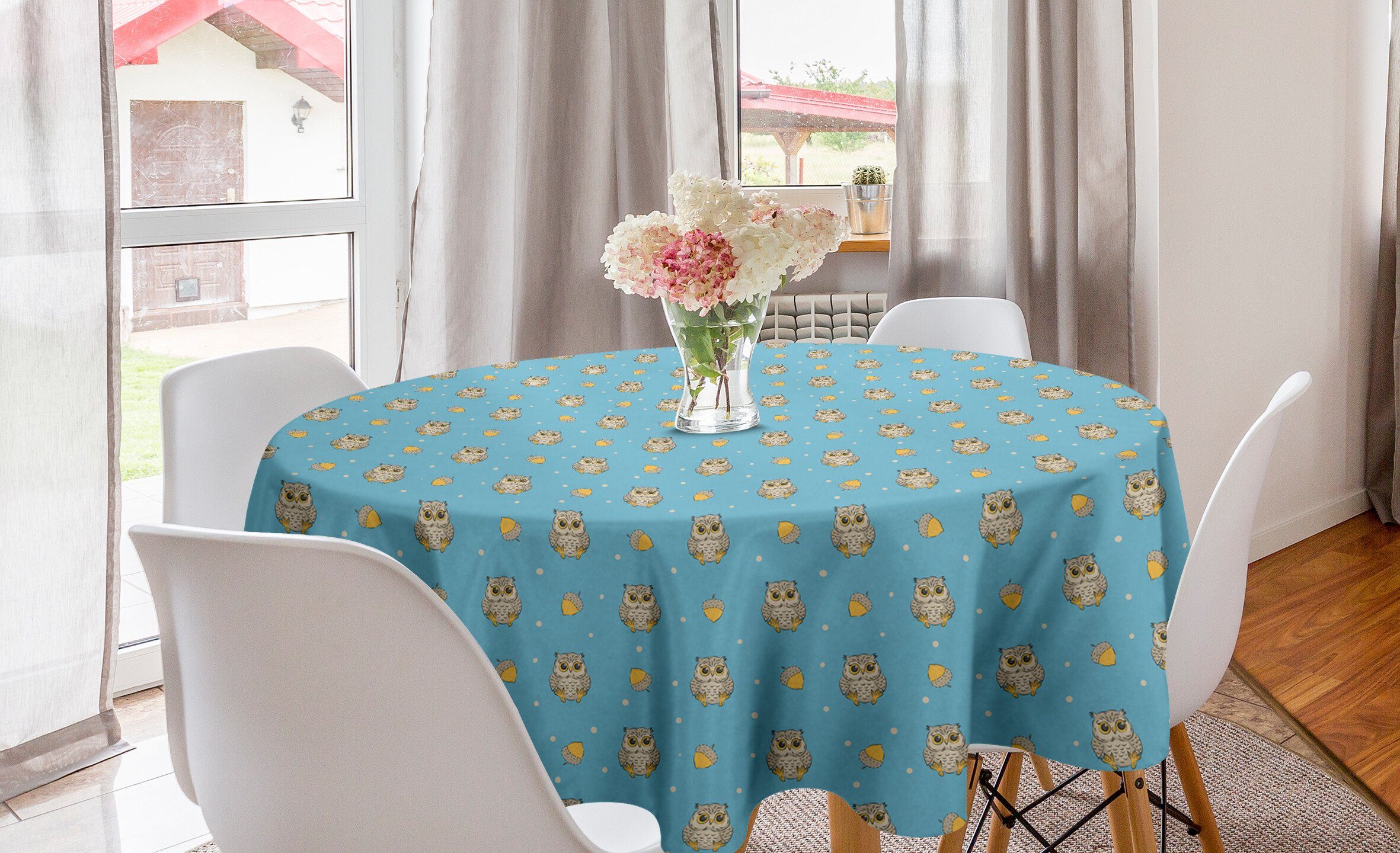 Abakuhaus Tischdecke Kreis Tischdecke Abdeckung für Esszimmer Küche Dekoration, Eulen Dots Vögel und Eicheln