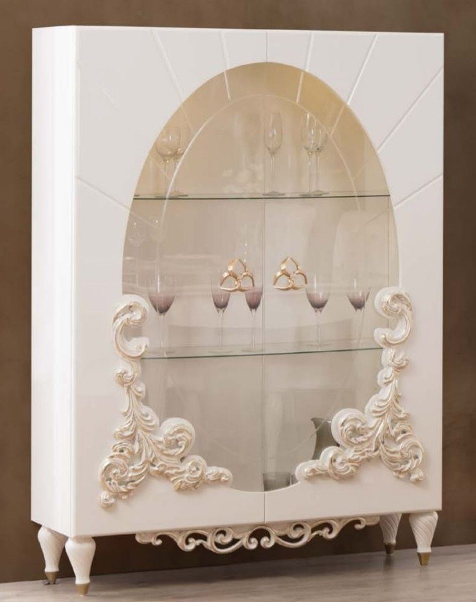 Casa Padrino Vitrine Luxus Barock Vitrine Weiß / Gold 116 x 46 x H. 170 cm - Beleuchteter Massivholz Vitrinenschrank mit 2 Glastüren - Edle Barock Möbel