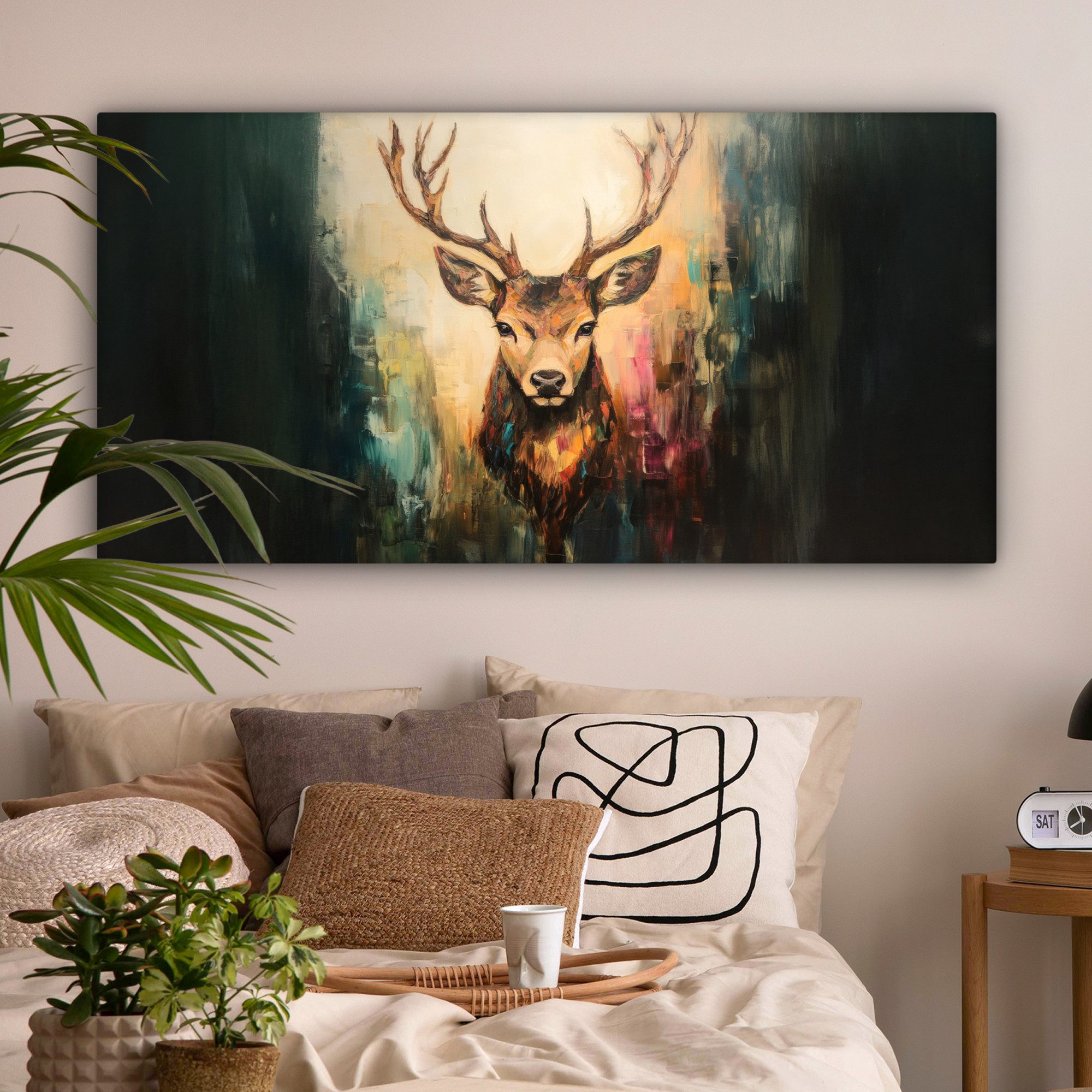 OneMillionCanvasses® Leinwandbild Panorama Hirsch - Gemalt - Geweih - Braun, Fotodruck (1 St), Leinwandbilder XXL Wohnzimmer, Deko Aesthetic 160x80 cm