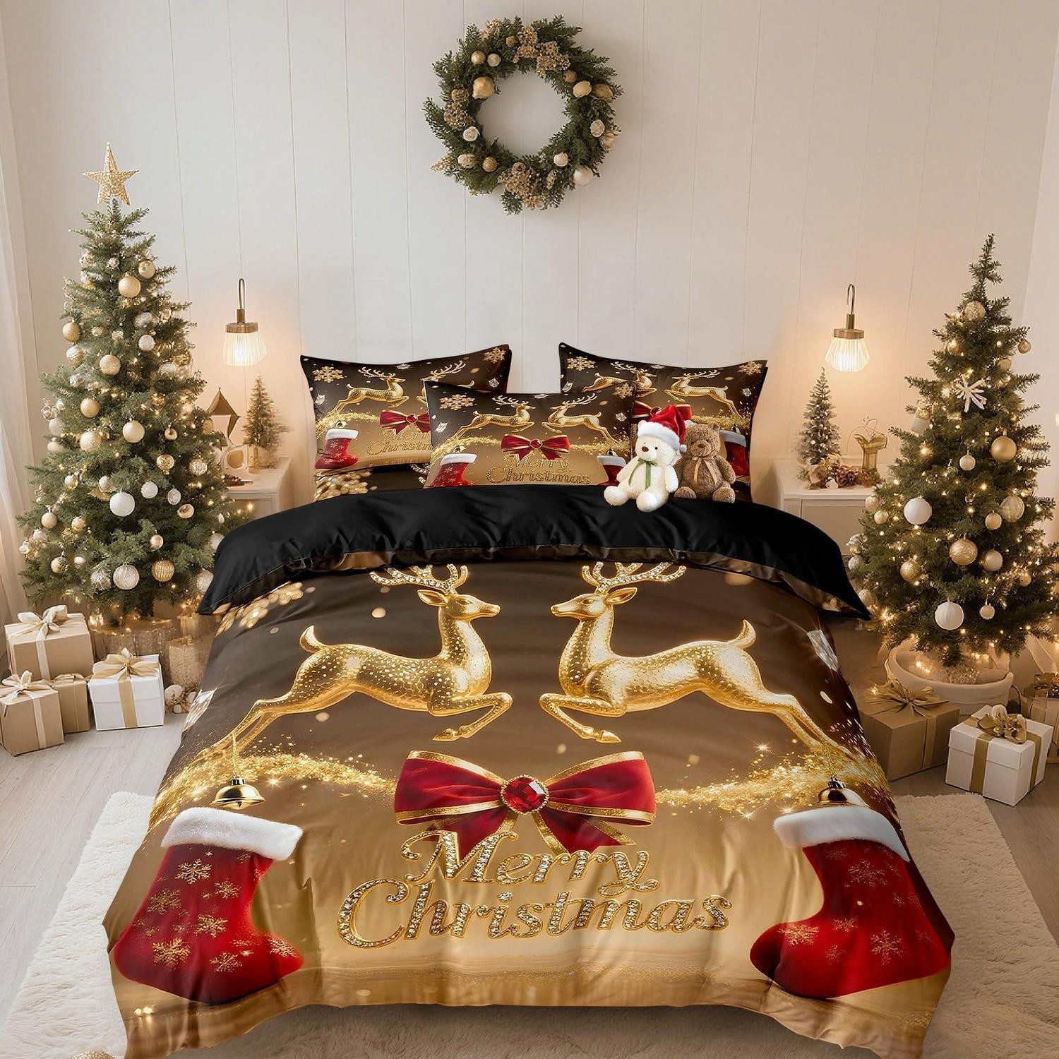 LuxusKollektion Jugendbettwäsche Bettwäsche 155x220 Weihnachten Gold Rot Mikrofaser