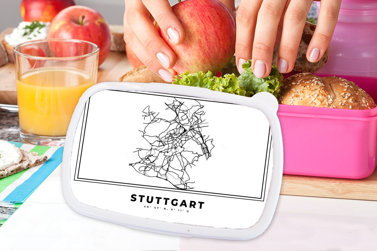 Karte, MuchoWow und - Kunststoff rosa - Kunststoff, für Stuttgart Erwachsene, Brotbox Schwarz Mädchen, - weiß - Brotdose Stadtplan Kinder, Deutschland (2-tlg), Lunchbox Snackbox,