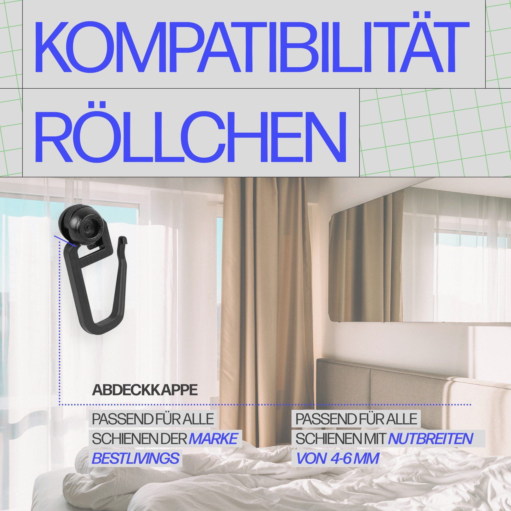 Bestlivings Gardinenröllchen Rollendurchmesser Ø8mm, Gardinenschienen mit Innenlauf, (50-St), für Innenlauf 4–6mm (Weiß) für Kräuselband, Faltenband, Universalb – Bild 5 von 5