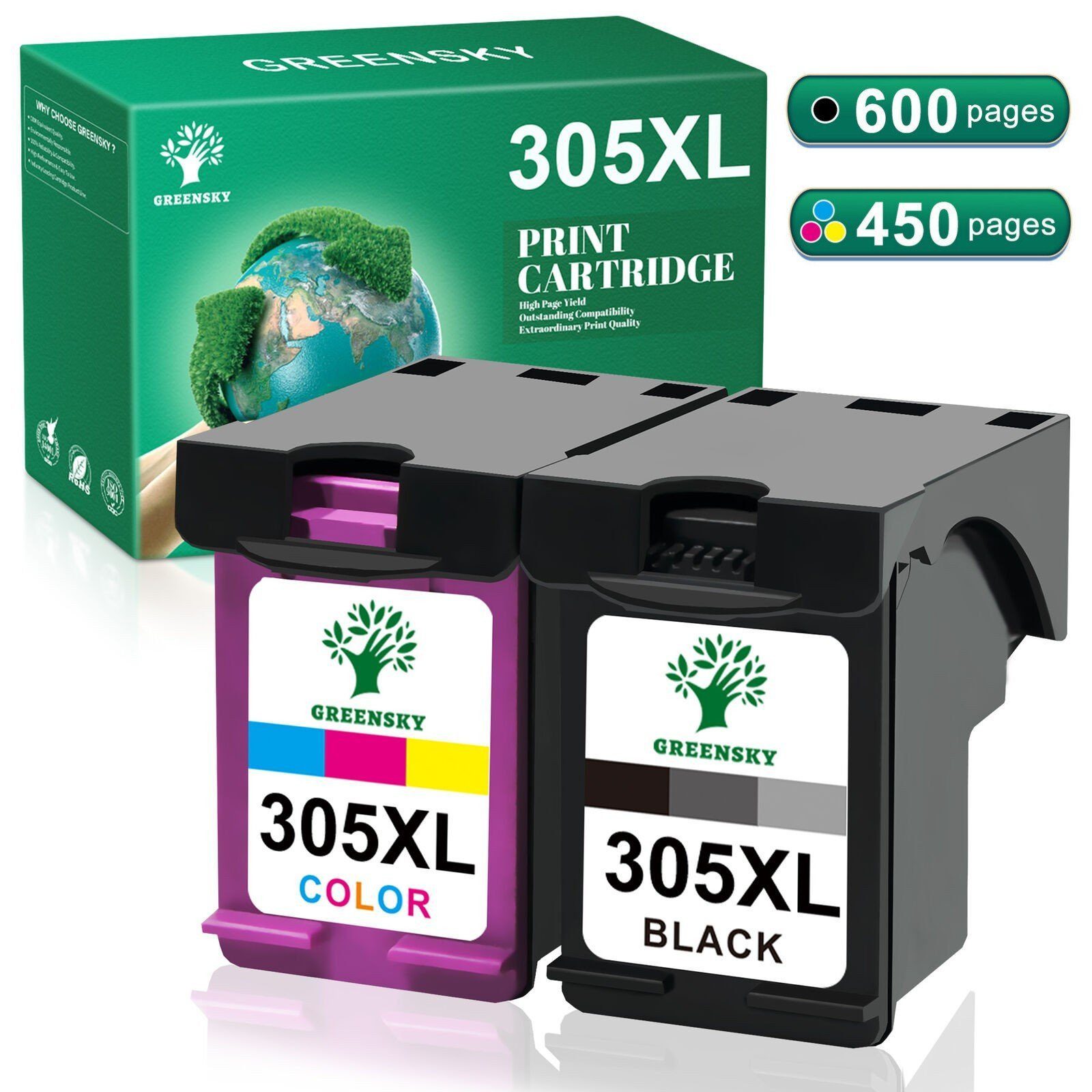 Greensky 2er Kompatibel für HP 305 XXL Multipack Tintenpatrone (Envy Serie 6010 6020 6022 6030 6032 6052 6458 6464 6475, 999-tlg., DeskJet 2710 2720 2721 4130 Plus 4120)
