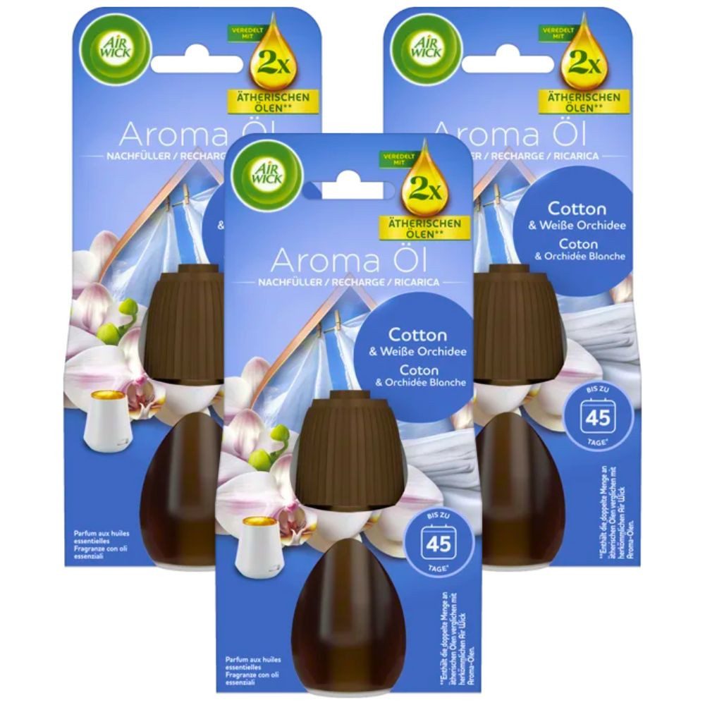 Air Wick Raumduft-Nachfüllflasche Aroma-Öl Nachfüller Cotton & Weiße Orchidee, 3 x 20 ml für Diffuser (3-St)