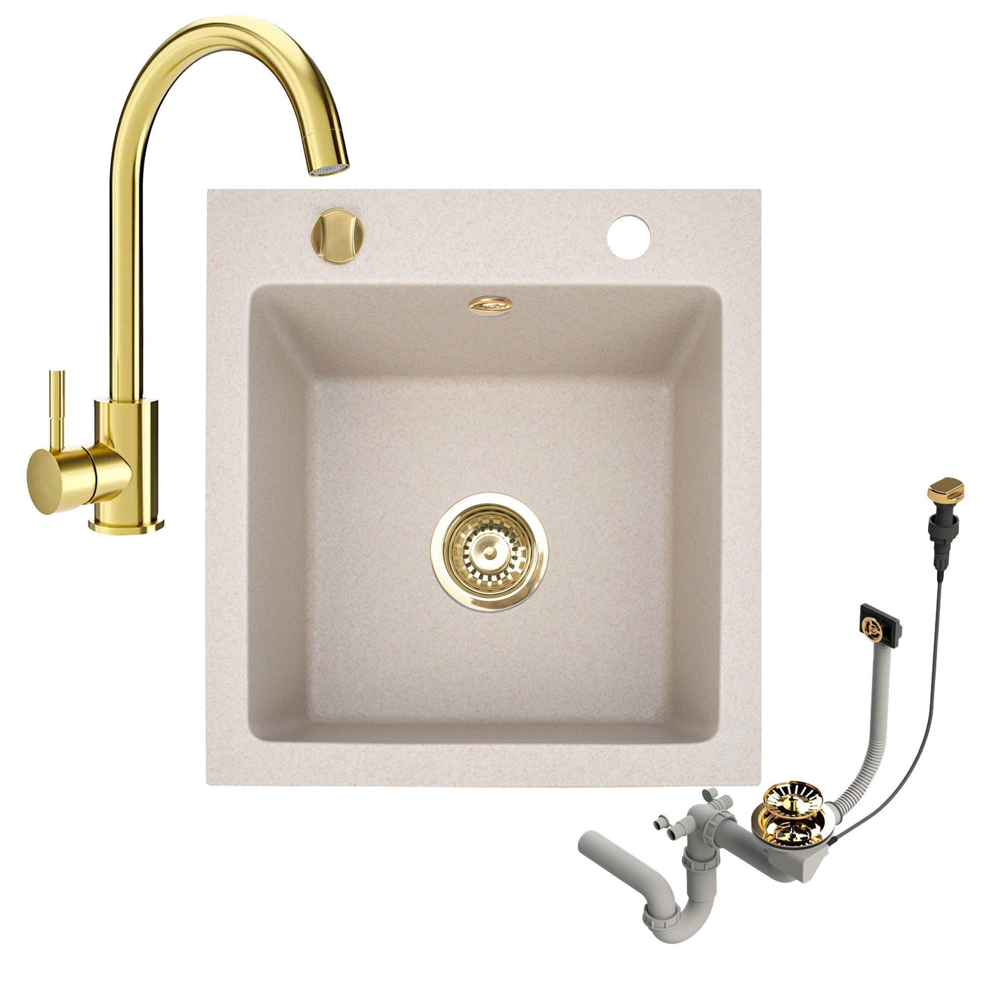 Faizee Möbel Granitspüle Granitspüle 49x52 + Armatur Gold Küchenspüle Spülbecken inkl. Siphon, eckig, 48/50 cm – Bild 2 von 5