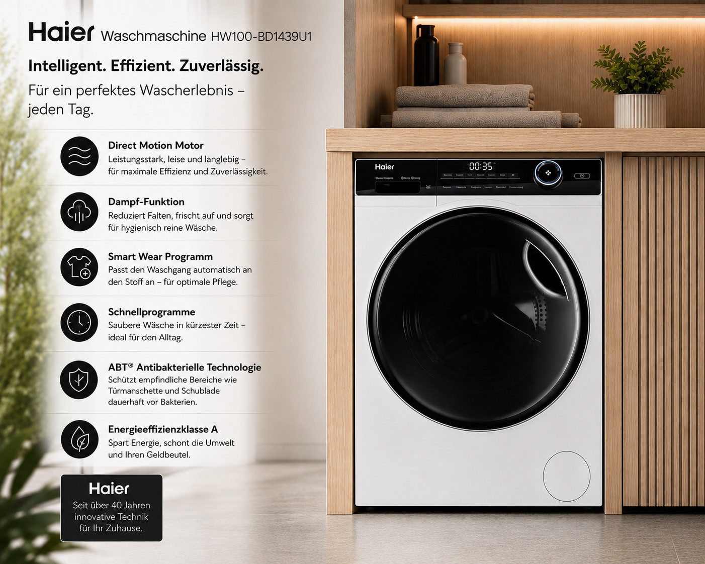 Haier Waschmaschine I-Pro Serie 5 HW90-BP14939-DE, 9.00 kg, 1400 U/min, Extra Leise Dampfprogramm EEK A Smarte Steuerung