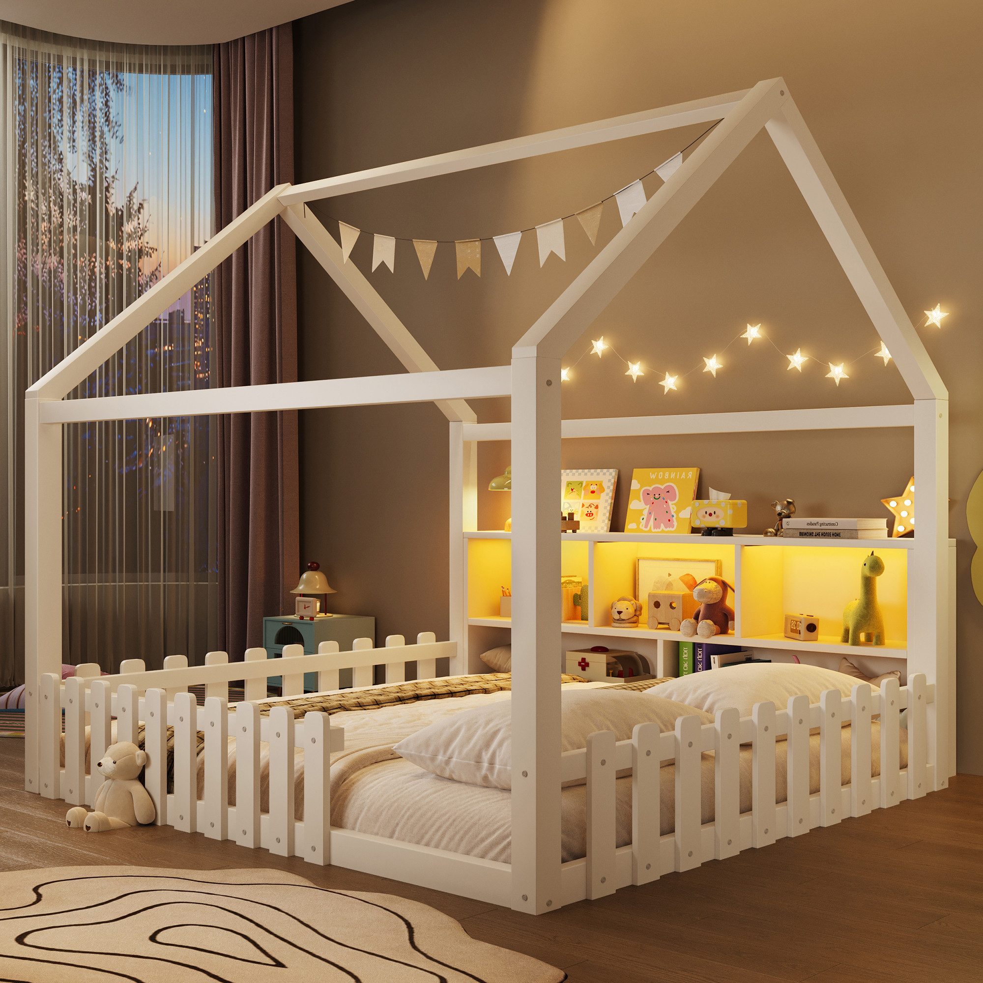 Merax Kinderbett mit LED-Lichtleiste (Kiefer Bodenbett Jugendbett, 1-tlg), Flachbett Hausbett 140x190cm mit LED-Lichtleiste & offenen Staufächern