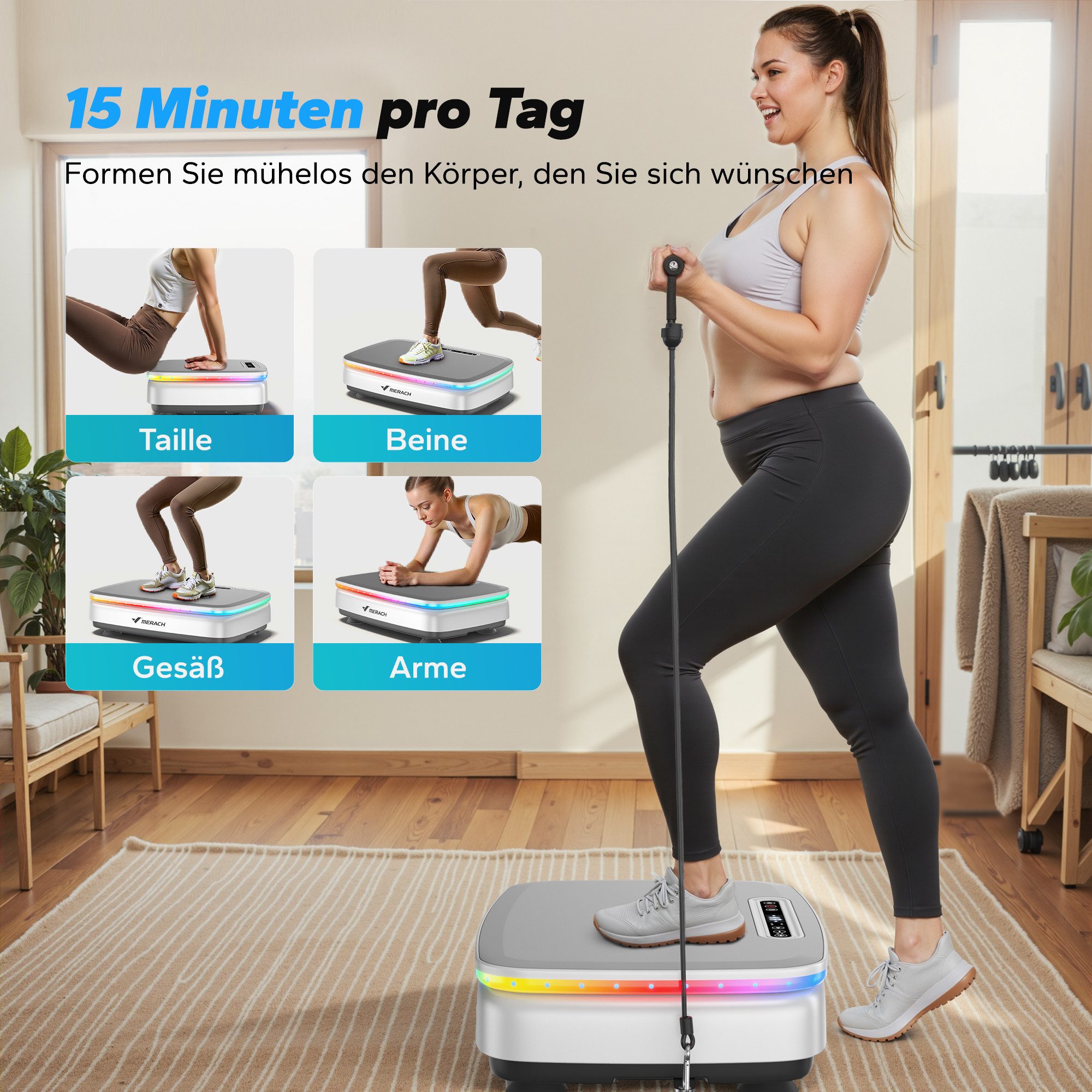 MERACH Vibrationsplatte Vibrationsplatte - 99 Stufen, 7 Programme, Bluetooth & Fernbedienung, 150 W, (LED-Display, Widerstandsbänder, Anti-Rutsch-Oberfläche, 150W Motor), Ganzkörper-Vibration mit individuell einstellbarer Stärke