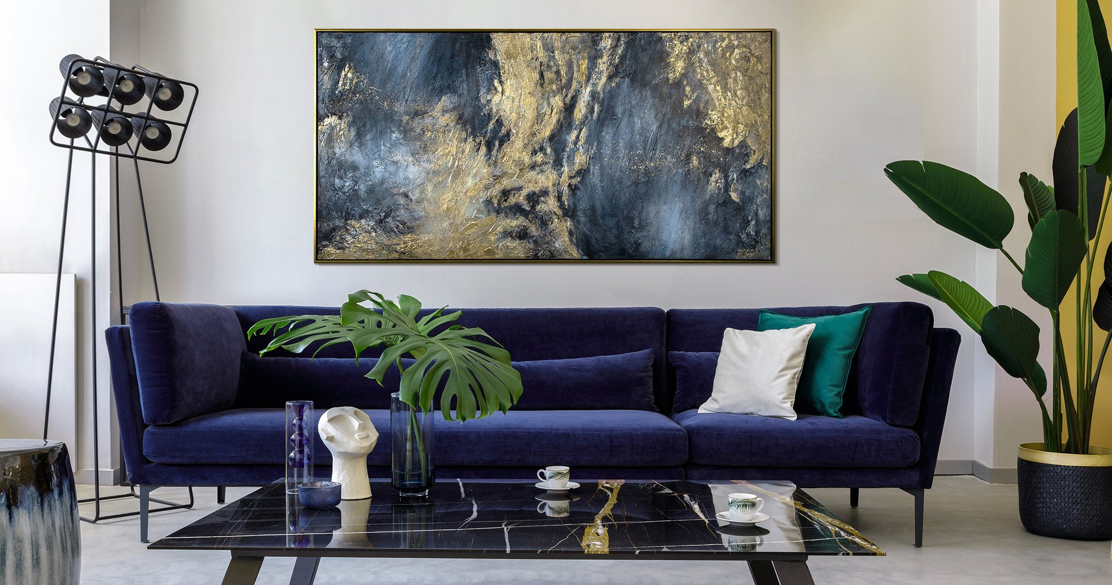 in Spiegelungen Abstrakt mit und Gemälde Leinwandbild II, Blau YS-Art Rahmen Gold