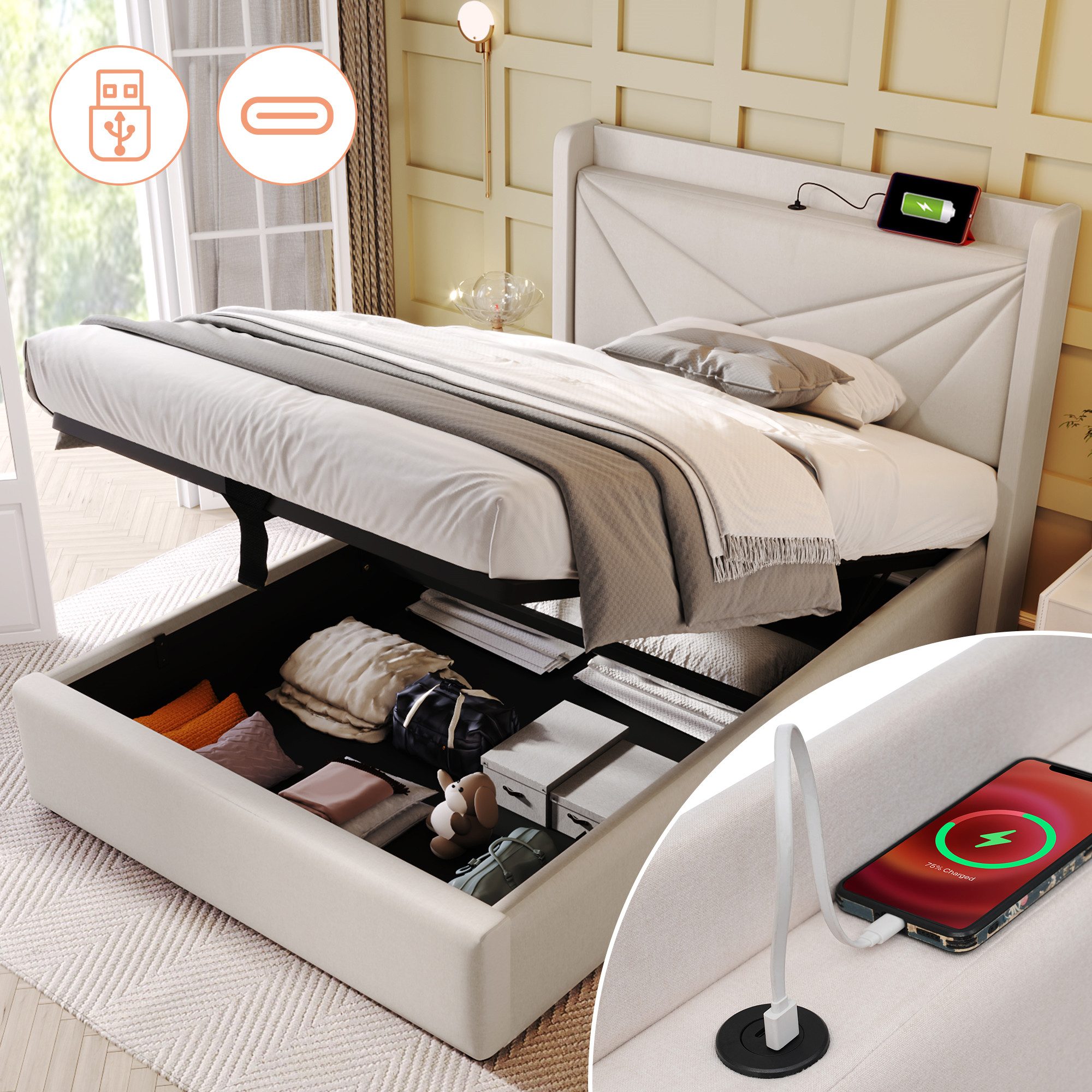 TavilaEcon Boxspringbett Einzelbett mit Stauraum und USB Typ C Ladefunktion