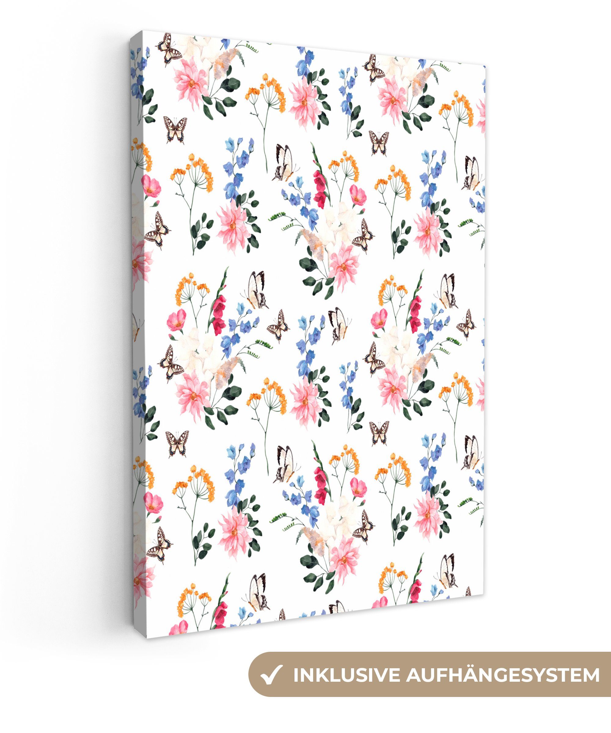 OneMillionCanvasses® Leinwandbild Blumen - Schmetterlinge - Collage, (1 St), Leinwandbild fertig bespannt inkl. Zackenaufhänger, Gemälde, 20x30 cm