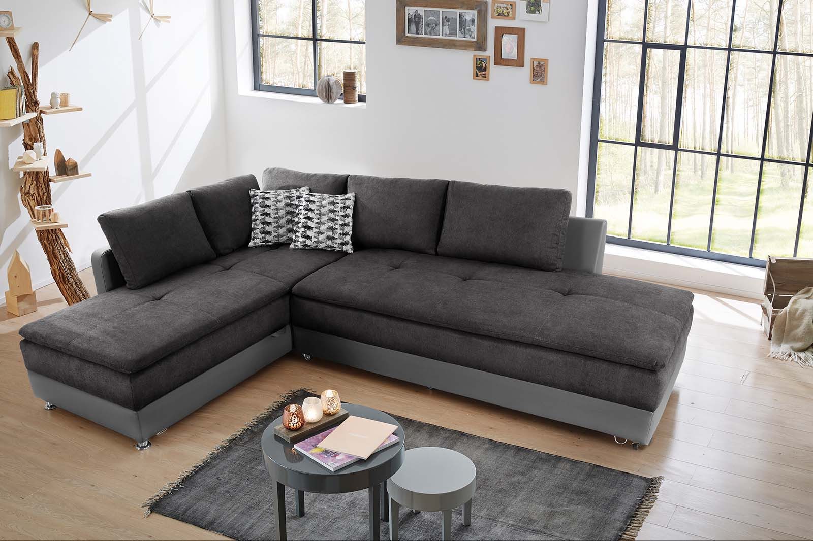 luma-home Ecksofa 15106, Dauerschläfer-Doppelbett B306/T223/H95 cm, Bettkasten, Regal, Boxspring, Federkern, Wellenunterfederung, Topper, Schwenkteil rechts, Mikrofaser Anthrazit/Kunstleder Grau