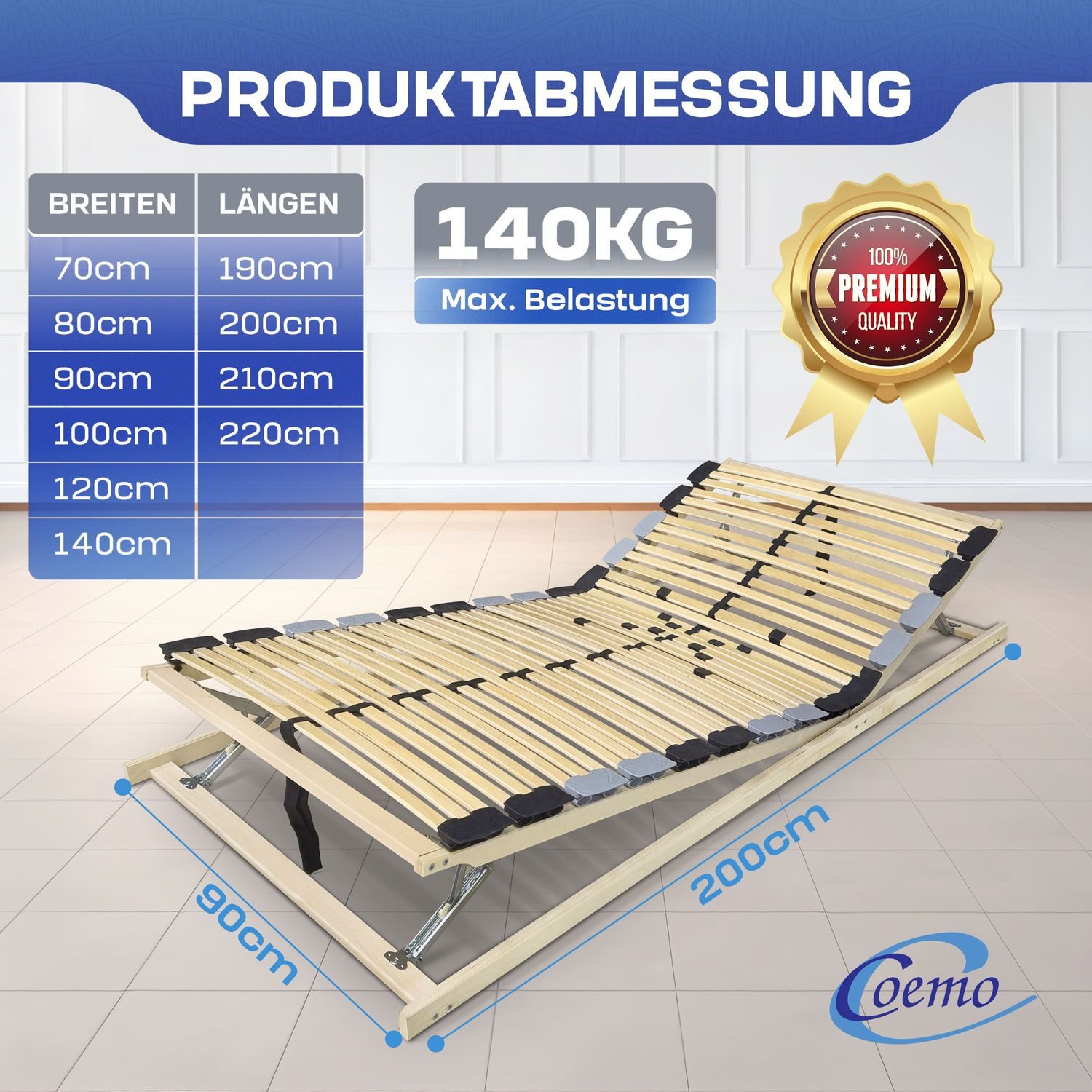 Lattenrost PREMIUM KF, Coemo, Kopfteil manuell verstellbar, Fußteil manuell verstellbar, 80x200 cm sehr stabiler Lattenrost 42 Leisten Trio Kappen zerlegt DIY