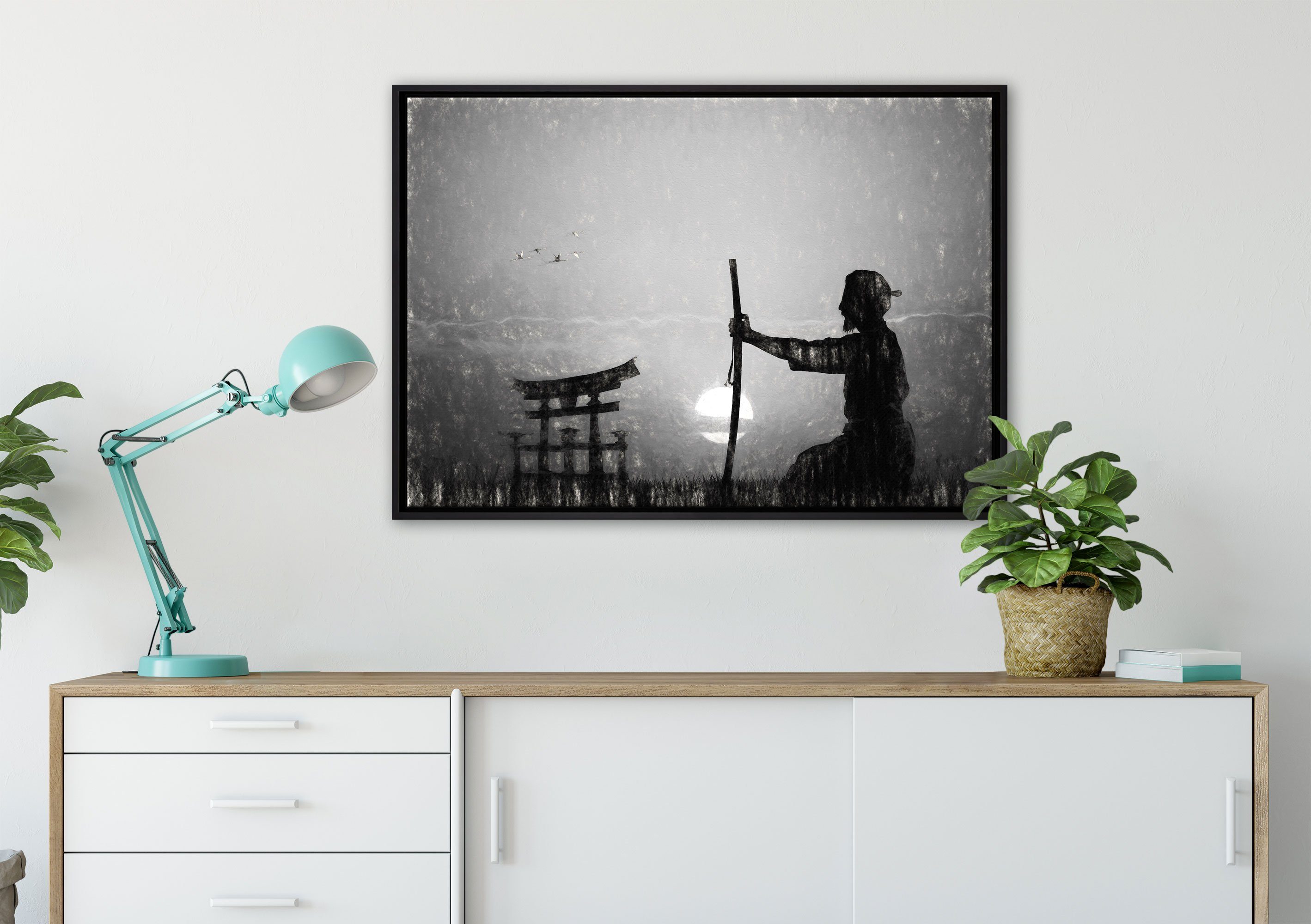 Pixxprint Leinwandbild St), vor Zackenaufhänger fertig (1 Horizont, Schattenfugen-Bilderrahmen Wanddekoration Samurai-Meister in bespannt, Leinwandbild gefasst, einem inkl