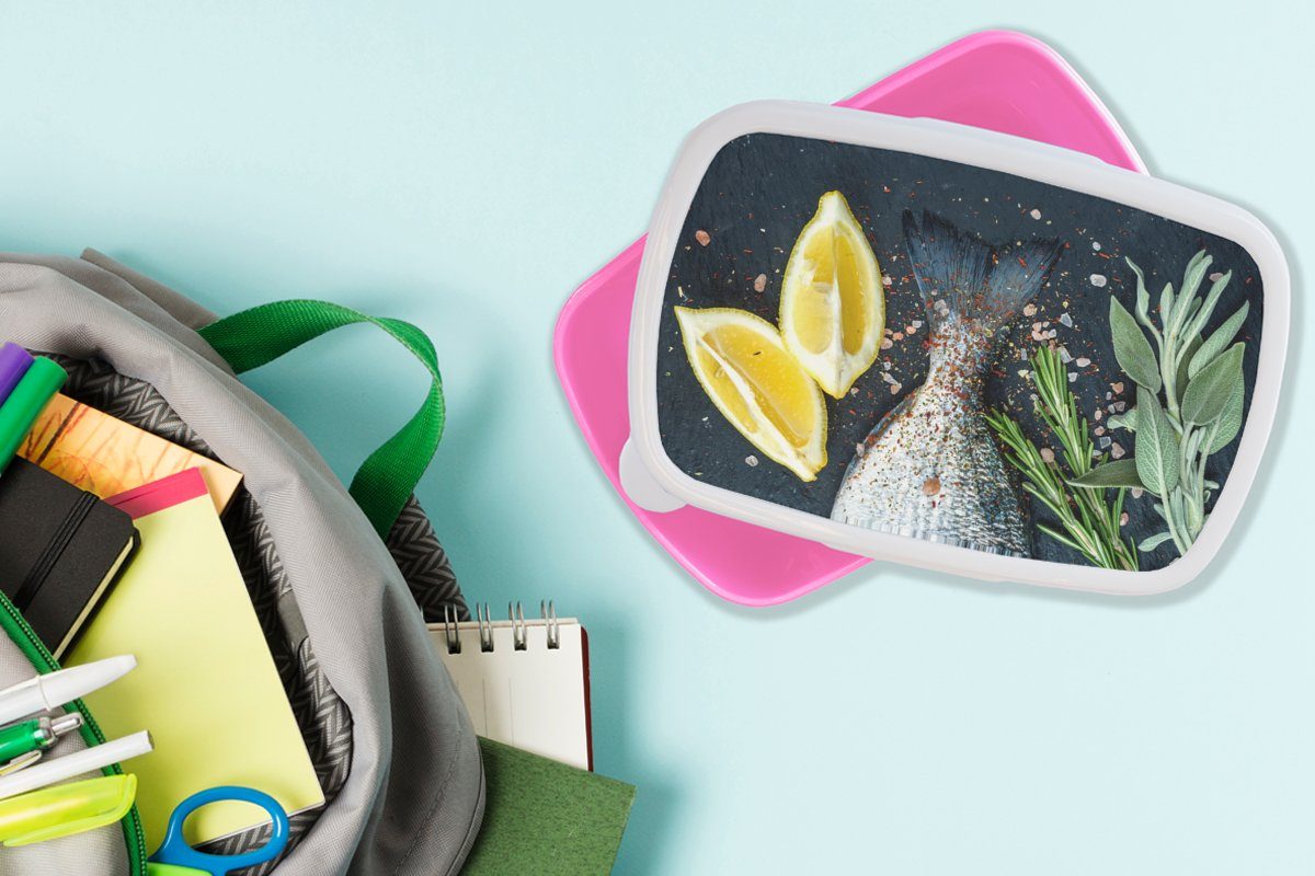Lunchbox (2-tlg), Mädchen, Kinder, Brotbox Kunststoff für Erwachsene, Brotdose rosa MuchoWow Zitrone Kunststoff, - Fisch - Snackbox, Kräuter,