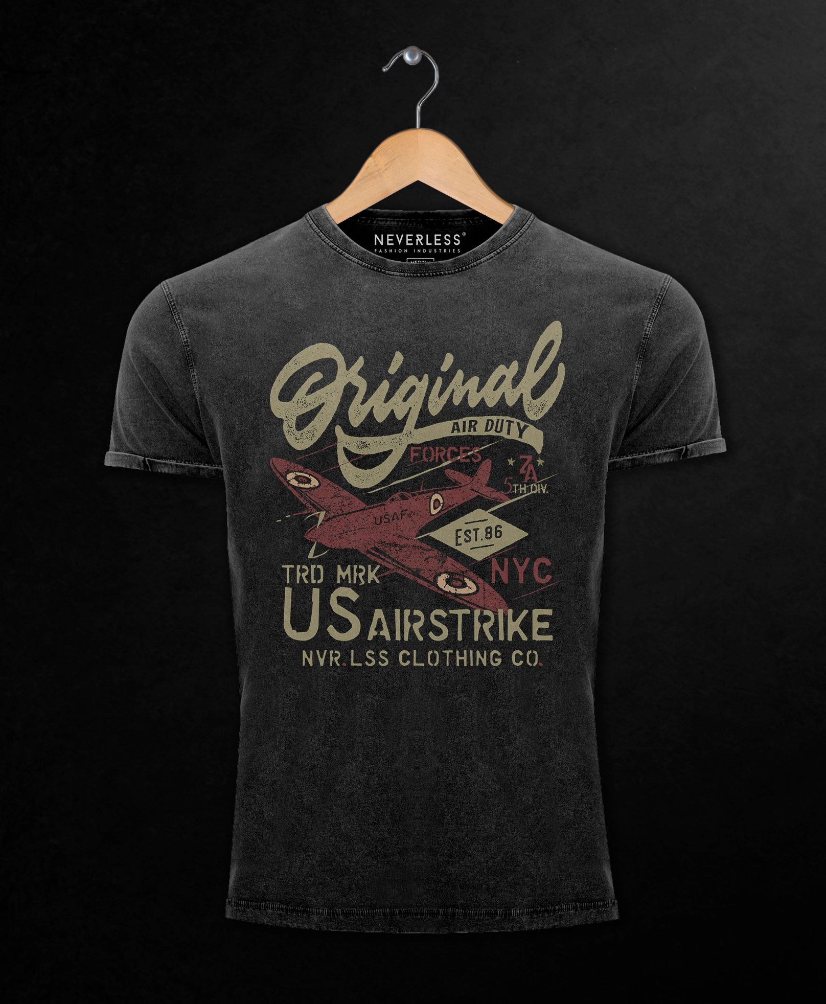 Print-Shirt Herren Vintage Shirt US Airforce Army Motiv Spitfire Flugzeug Vintagemotiv Retro Printshirt Used Look Neverless® mit Print