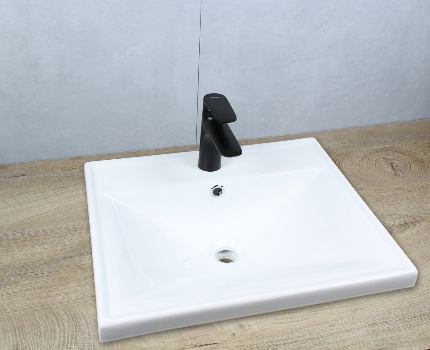 Thumbnail - HAGO Aufsatzwaschbecken Keramik Waschbecken eckig 510x415x155 weiß mit Überlauf Einbauwaschbec